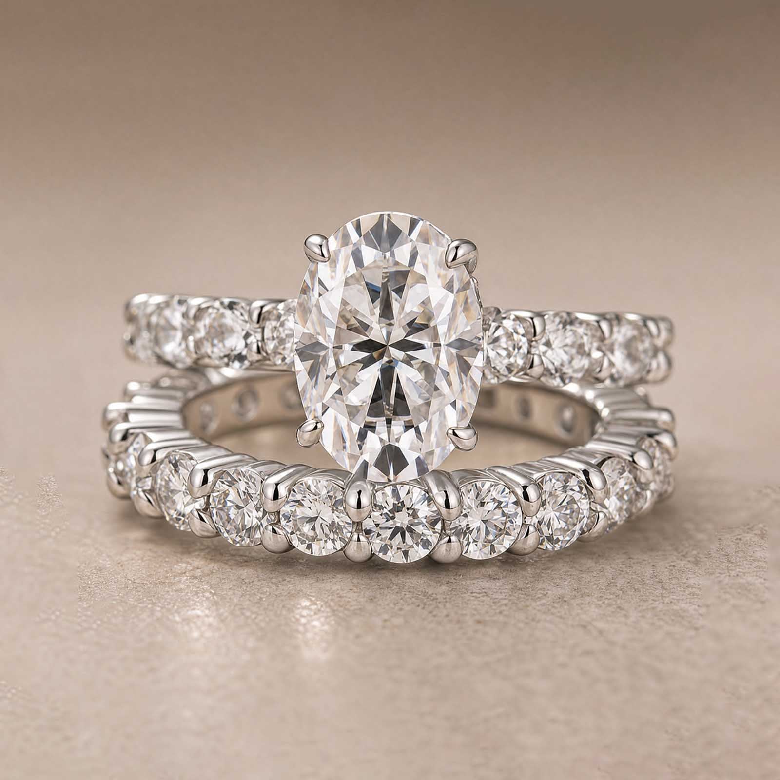 S925 Moissanite 3.0Ct Oval Cut Side Stone White Gold Engagement Ring & 2.5Ct Pavé Eternity Ring For Everyday Wear