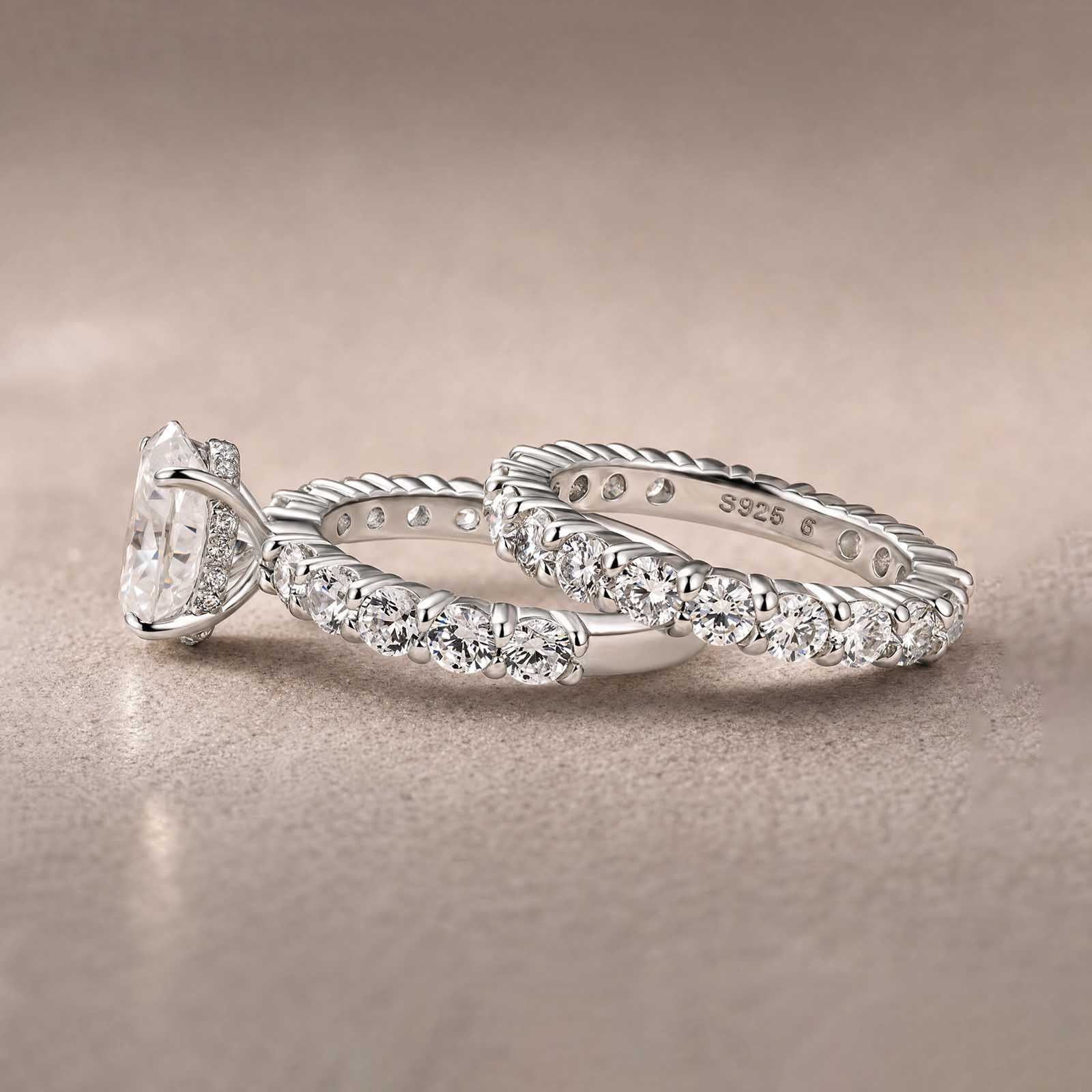 S925 Moissanite 3.0Ct Oval Cut Side Stone White Gold Engagement Ring & 2.5Ct Pavé Eternity Ring For Everyday Wear