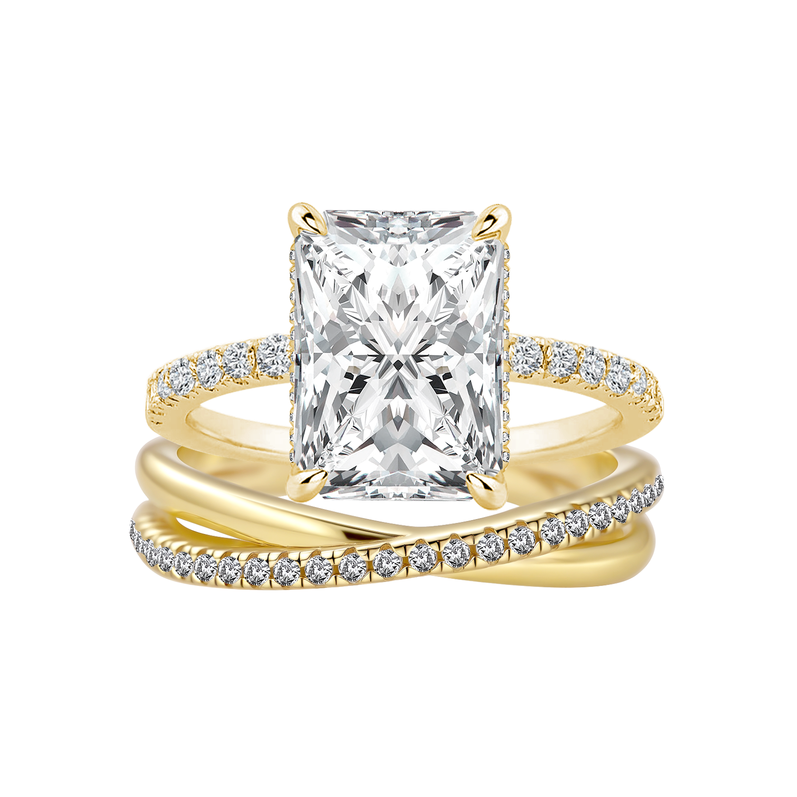 Moissanite 2PC 3.5 Ct Radiant Cut Twist Yellow Gold Wedding Ring Set For Women