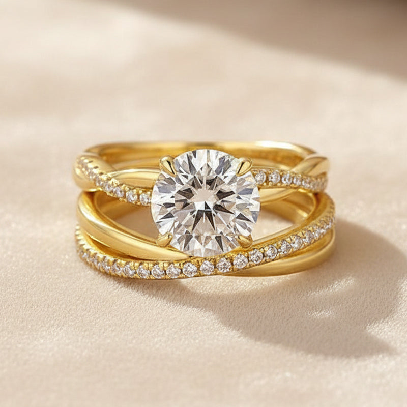 Moissanite 2PC 2.0 Ct Round Cut Twist Yellow Gold Wedding Ring Set For Women