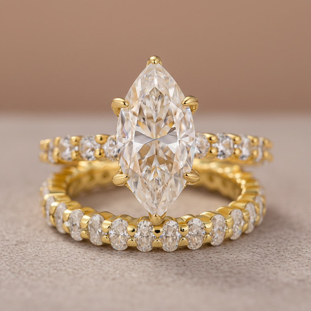 Moissanite 3.0Ct Marquise Cut Yellow Gold Wedding Ring with Oval Cut Wedding Ring