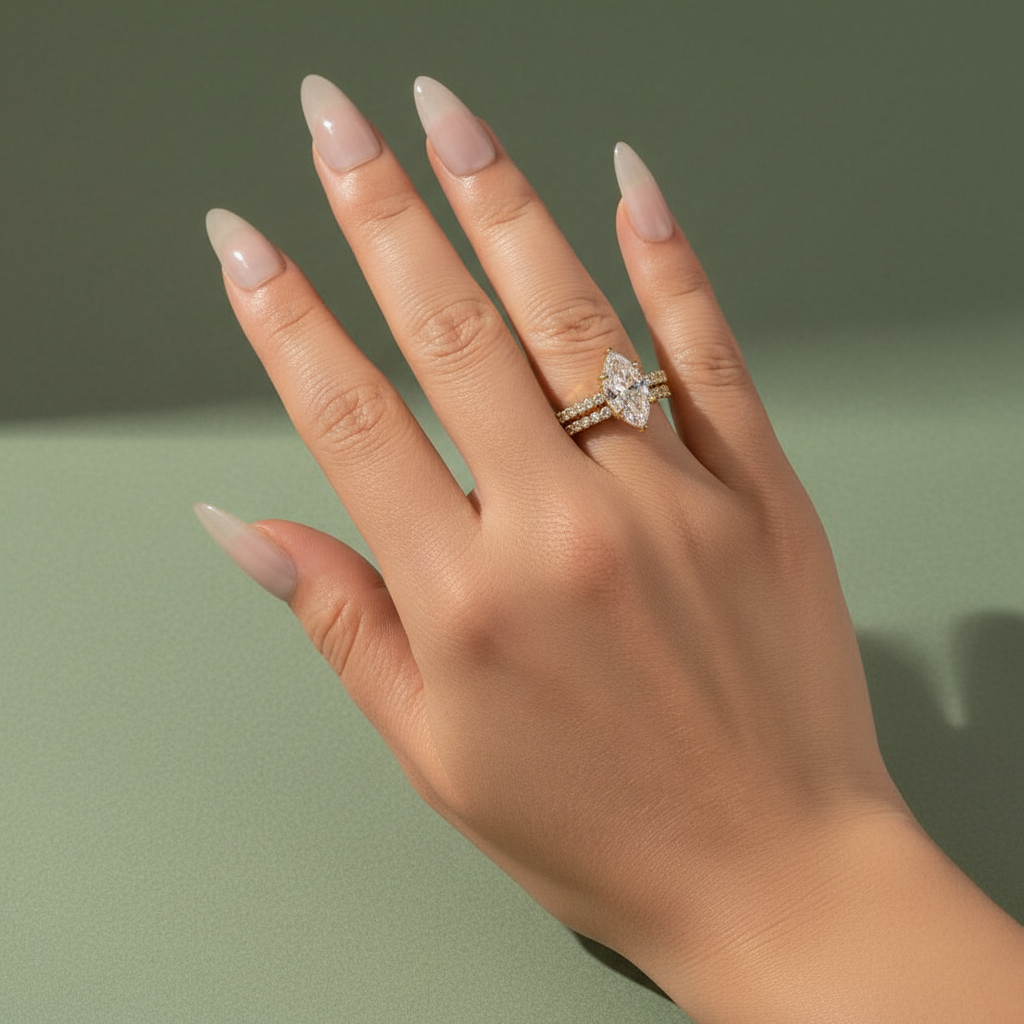 Moissanite 3.0Ct Marquise Cut Yellow Gold Wedding Ring with Oval Cut Wedding Ring