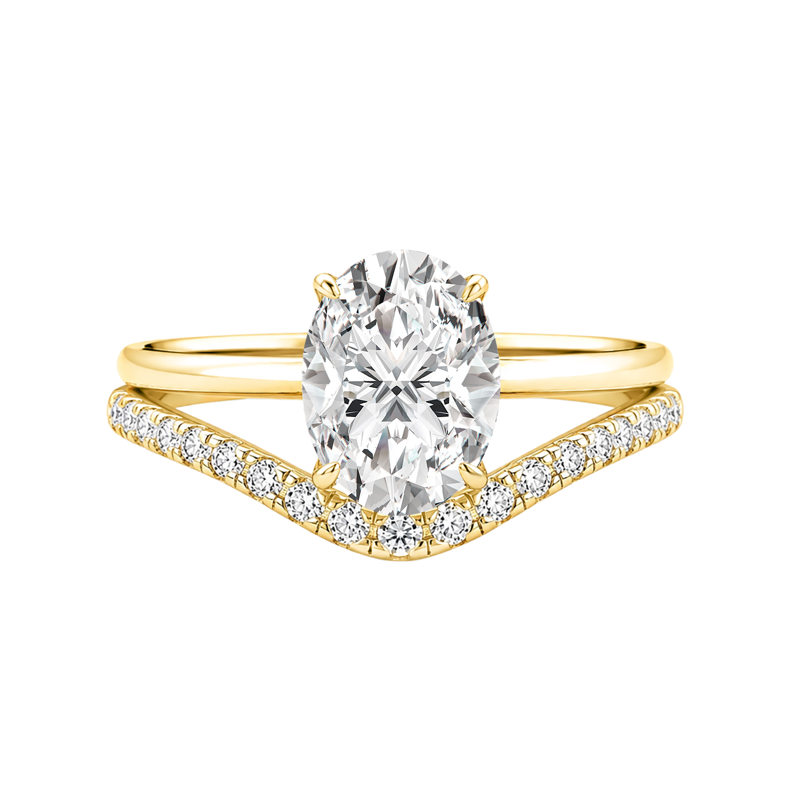 S925 Moissanite 2Ct Oval Cut Solitaire V Shape Pave Nest Two Piece 18K Yellow Gold Plated Bridal Ring Set