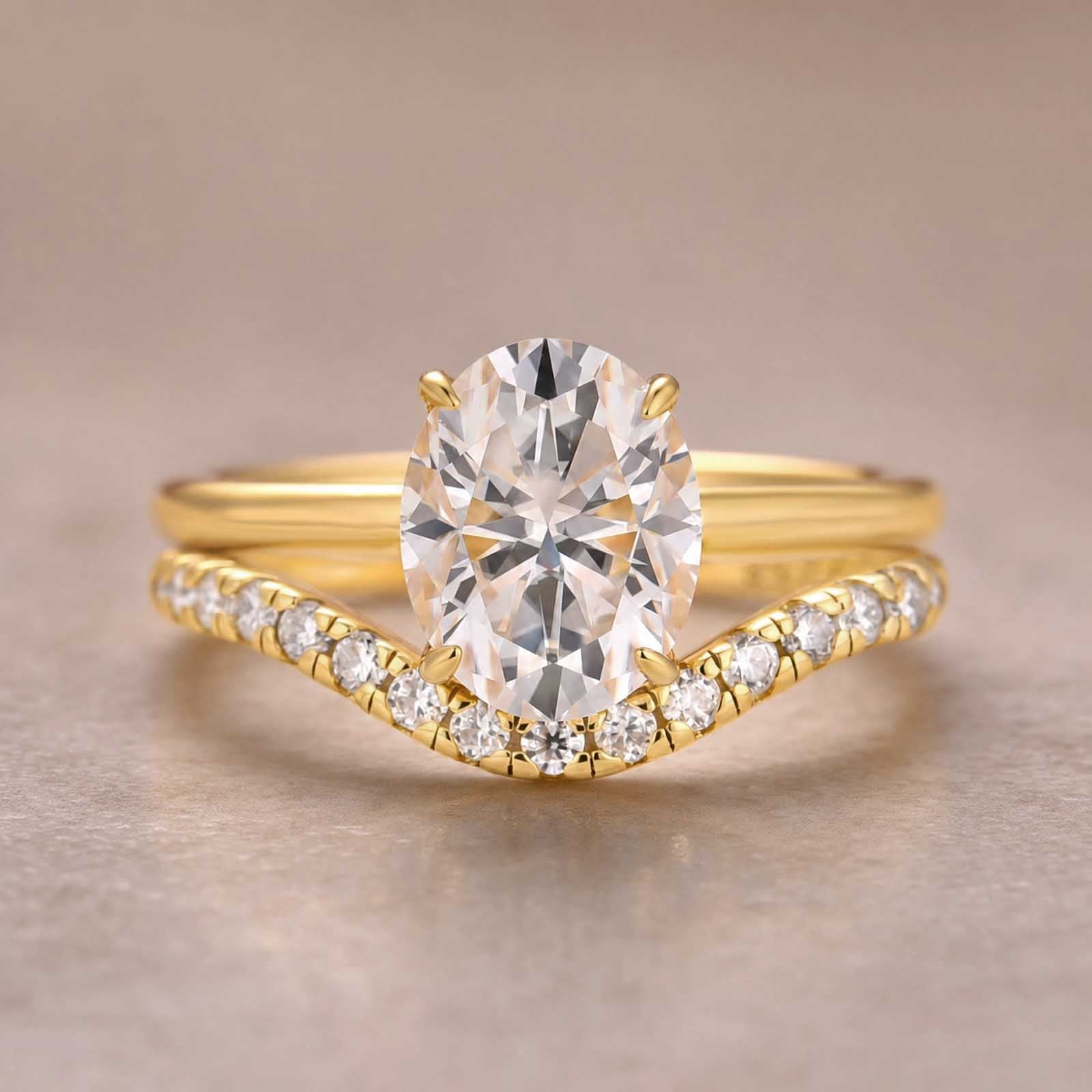 S925 Moissanite 2Ct Oval Cut Solitaire V Shape Pave Nest Two Piece 18K Yellow Gold Plated Bridal Ring Set