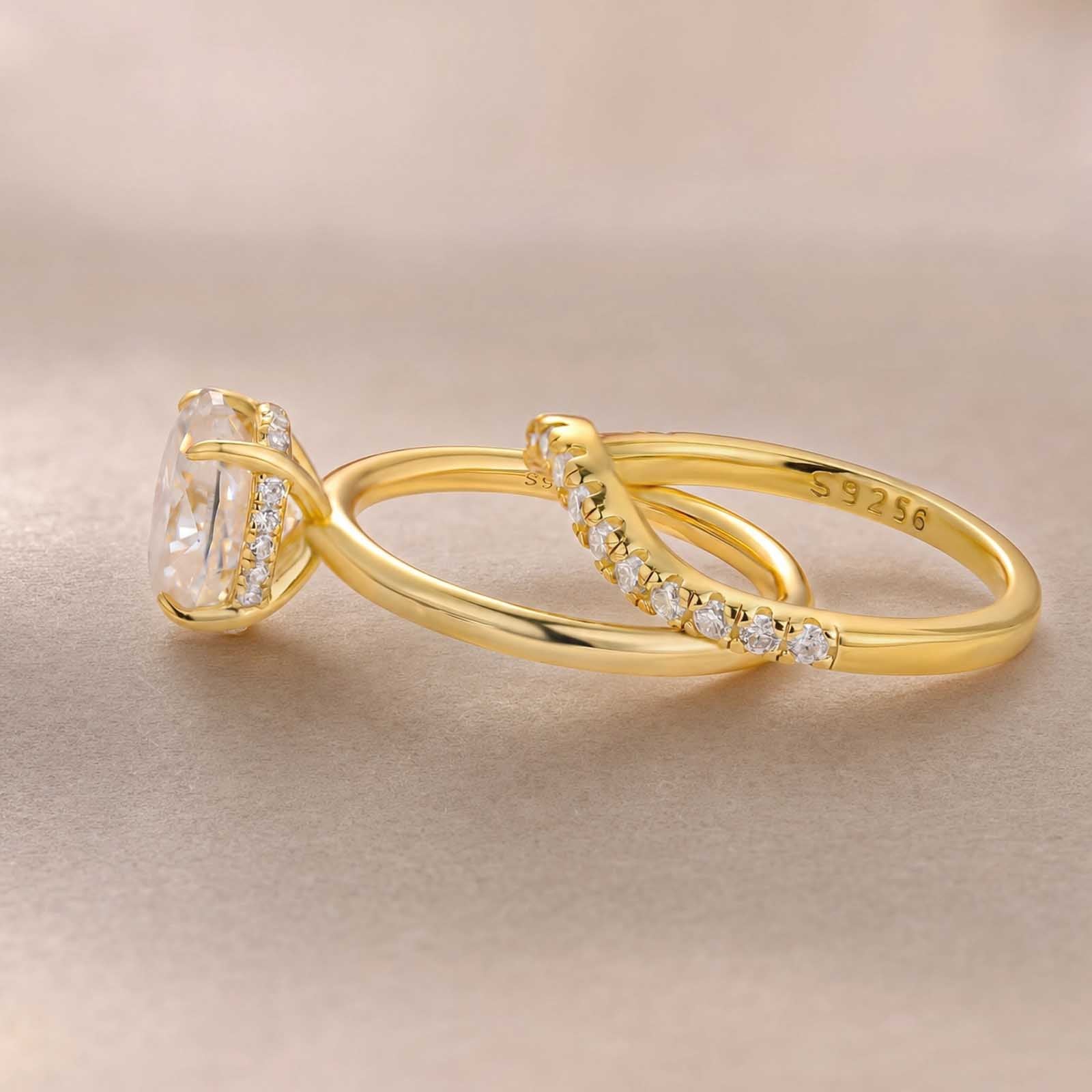 S925 Moissanite 2Ct Oval Cut Solitaire V Shape Pave Nest Two Piece 18K Yellow Gold Plated Bridal Ring Set