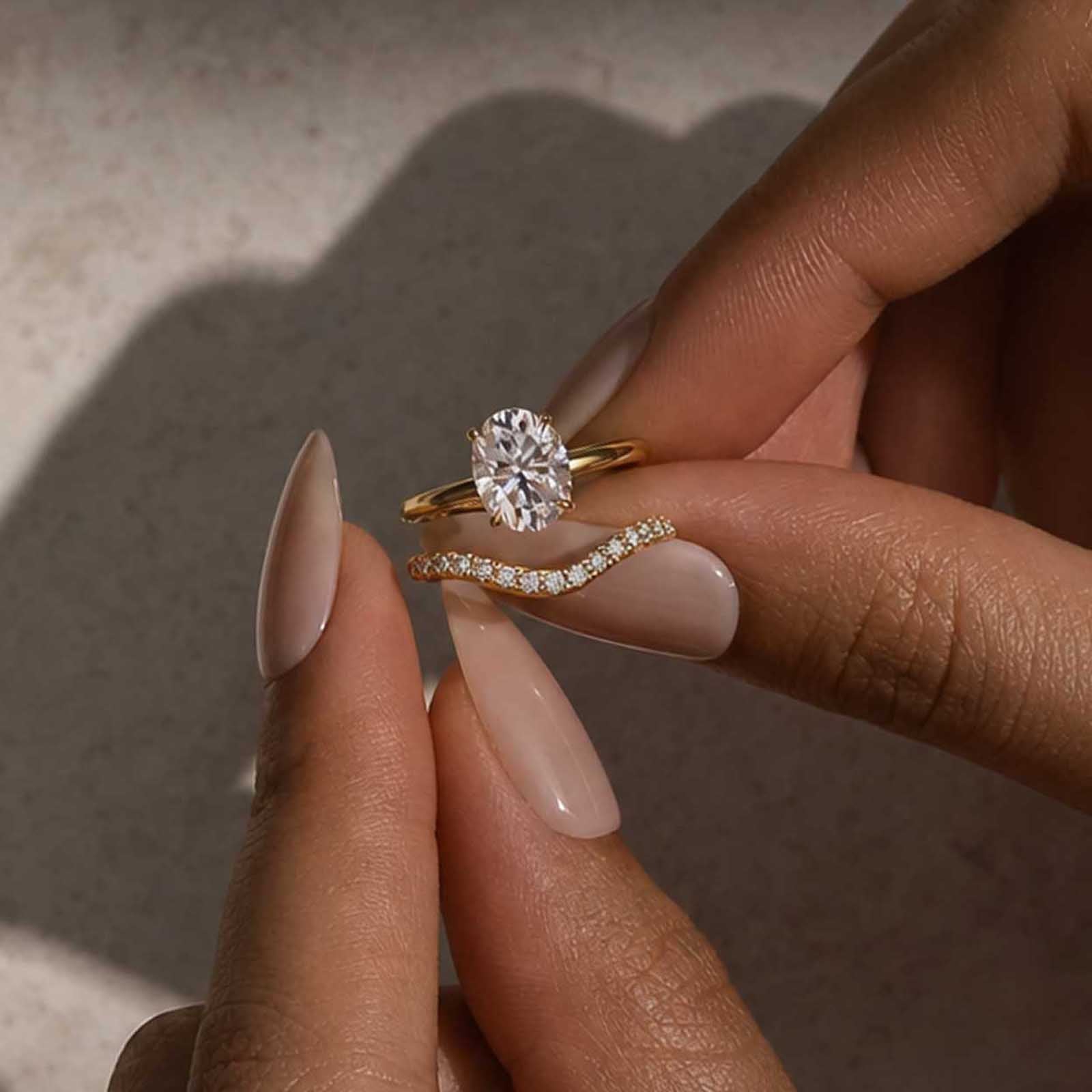 S925 Moissanite 2Ct Oval Cut Solitaire V Shape Pave Nest Two Piece 18K Yellow Gold Plated Bridal Ring Set