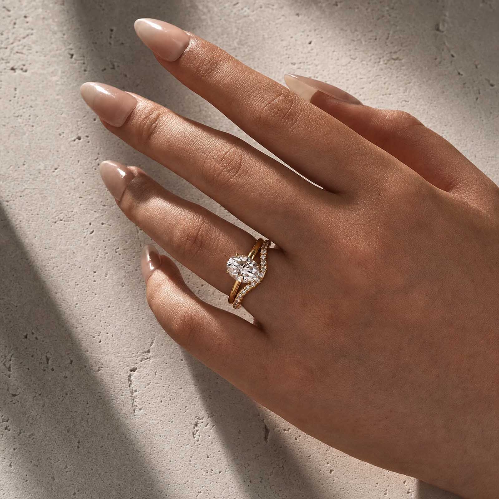 S925 Moissanite 2Ct Oval Cut Solitaire V Shape Pave Nest Two Piece 18K Yellow Gold Plated Bridal Ring Set