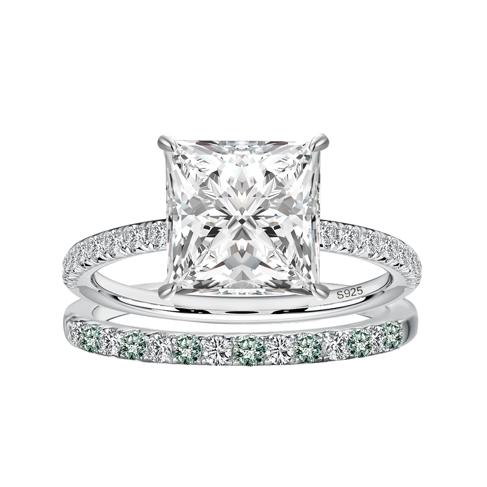 S925 Moissanite 2CT Princess Cut Engagement Ring Set 2PC Hidden Halo Solitaire Ring With Wedding Band