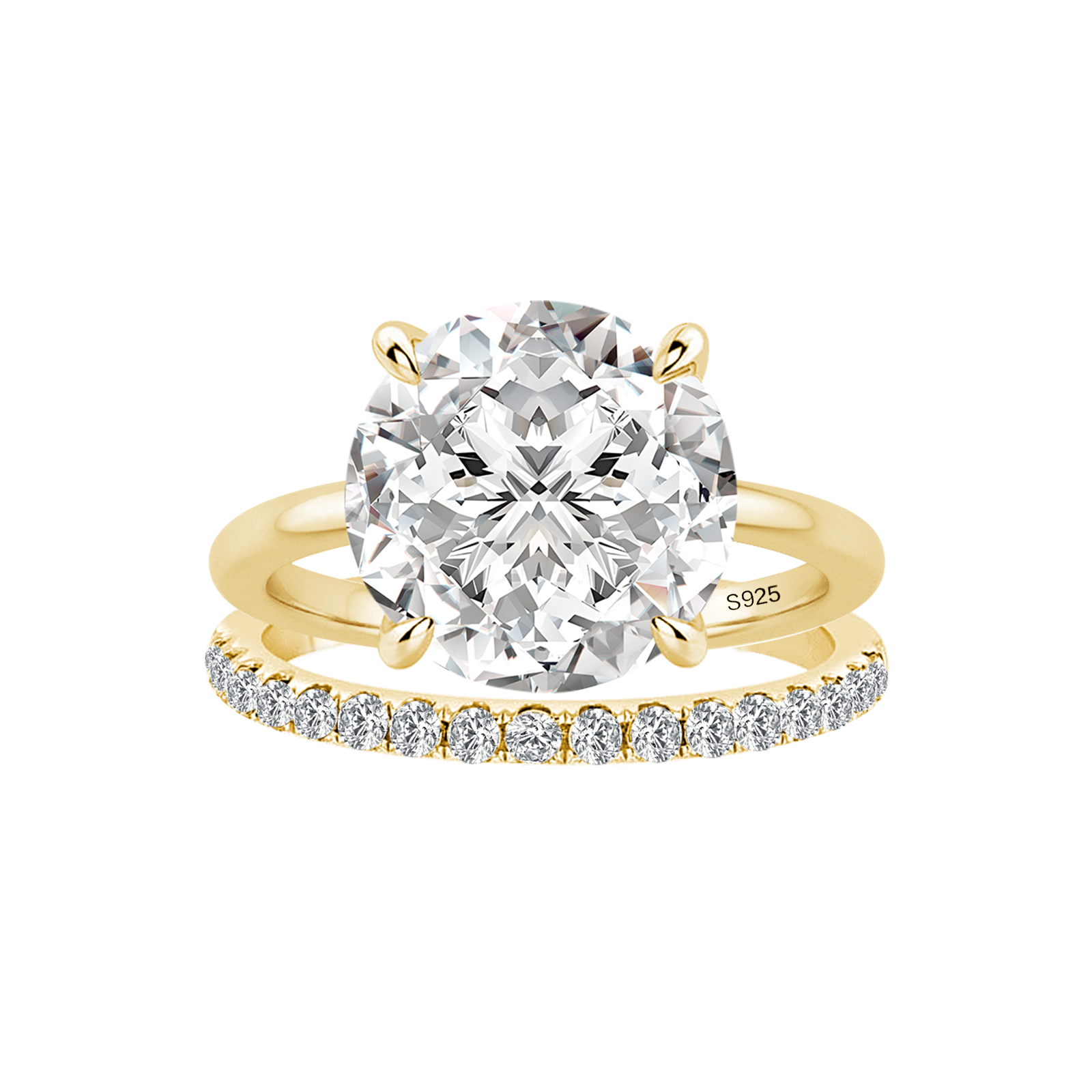 Moissanite 4.0Ct Solitaire Round Cut Yellow Gold Engagement Ring with Eternity Thin Wedding Band