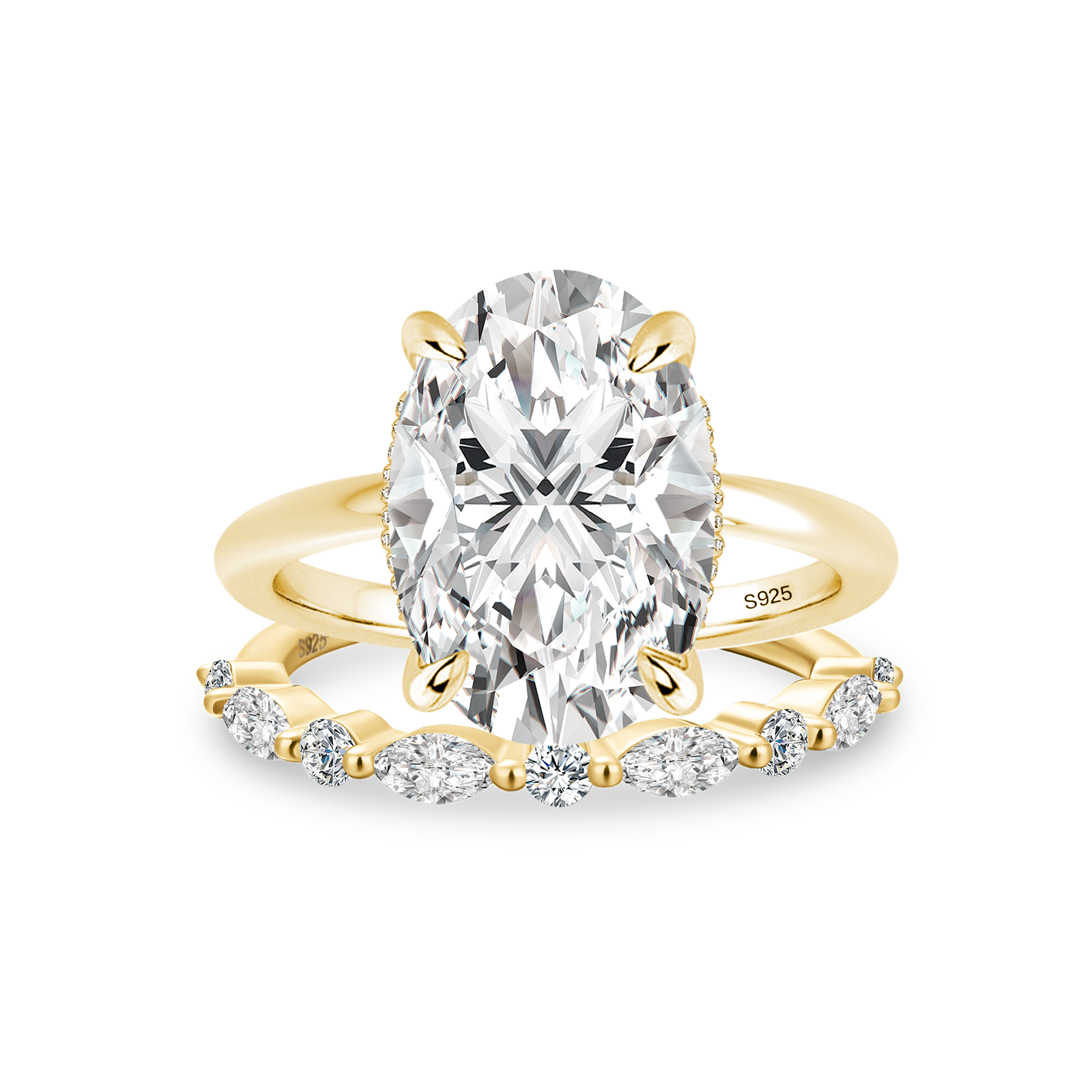 S925 Moissanite 5.5Ct Solitaire Oval Cut Yellow Gold Engagement Ring with Marquise& Oval Cut Wedding Band