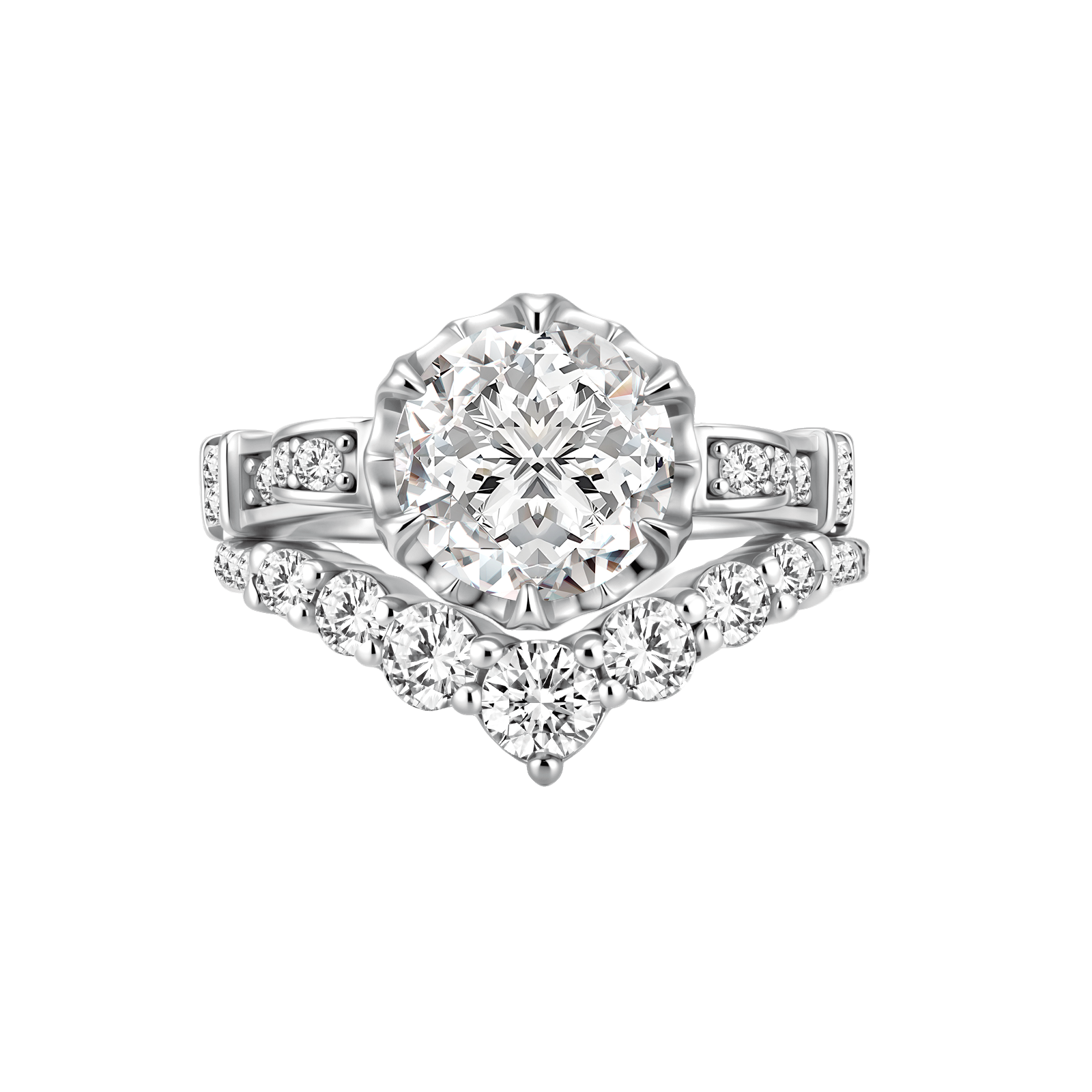 S925 Moissanite 2.0Ct Round Cut Engagement Ring with 0.5Ct Round Wedding Band
