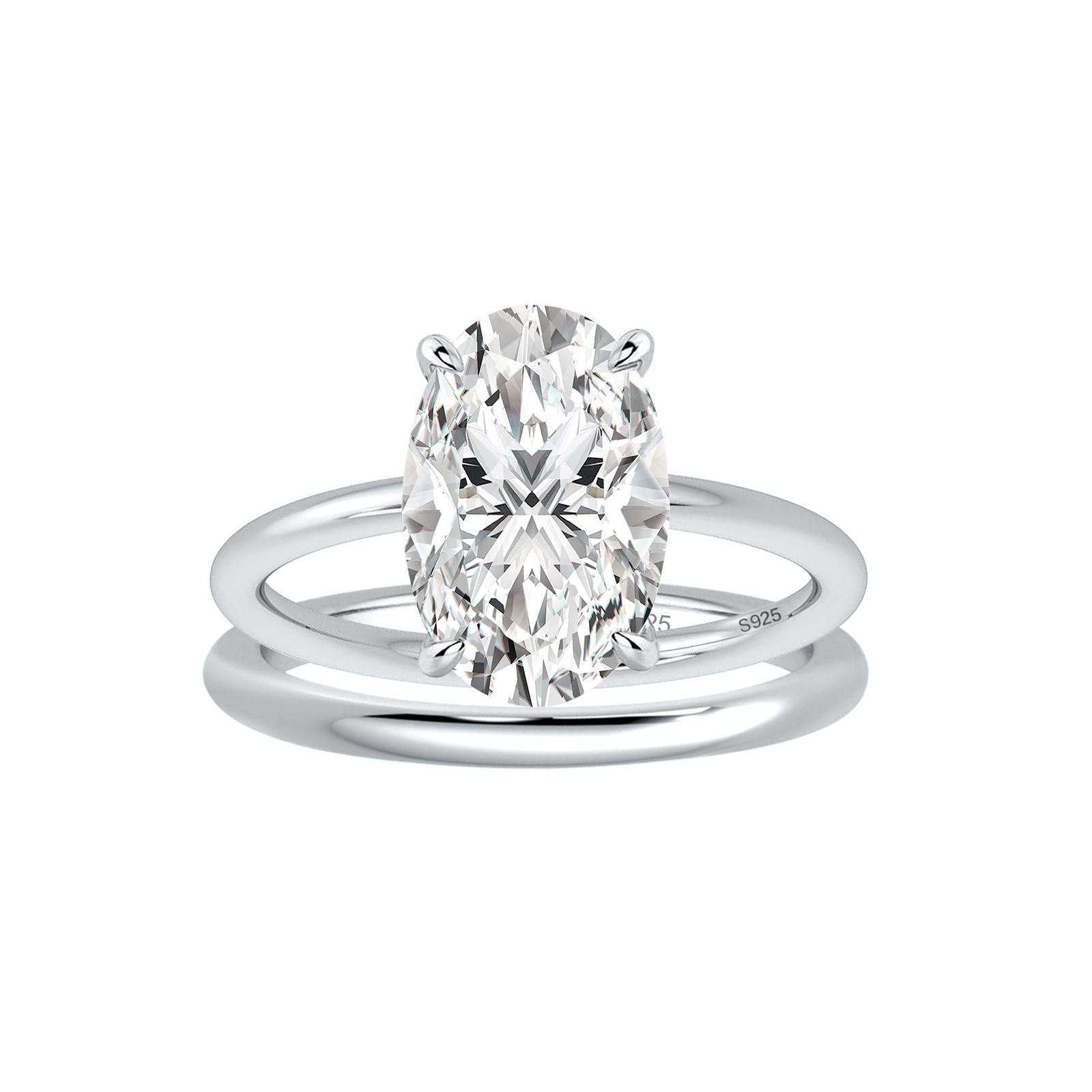S925 Moissanite 4.0Ct Solitaire Oval Cut Engagement Ring with Plain Wedding Band