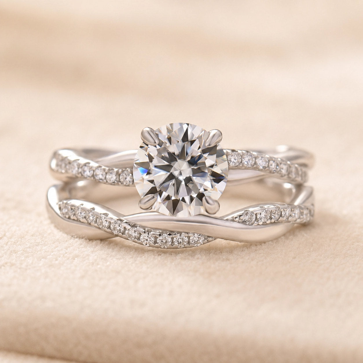 S925 Moissanite 1Ct Round Cut Twist Bridal Ring Set Gold Plated Promise Travel Wedding Ring Set