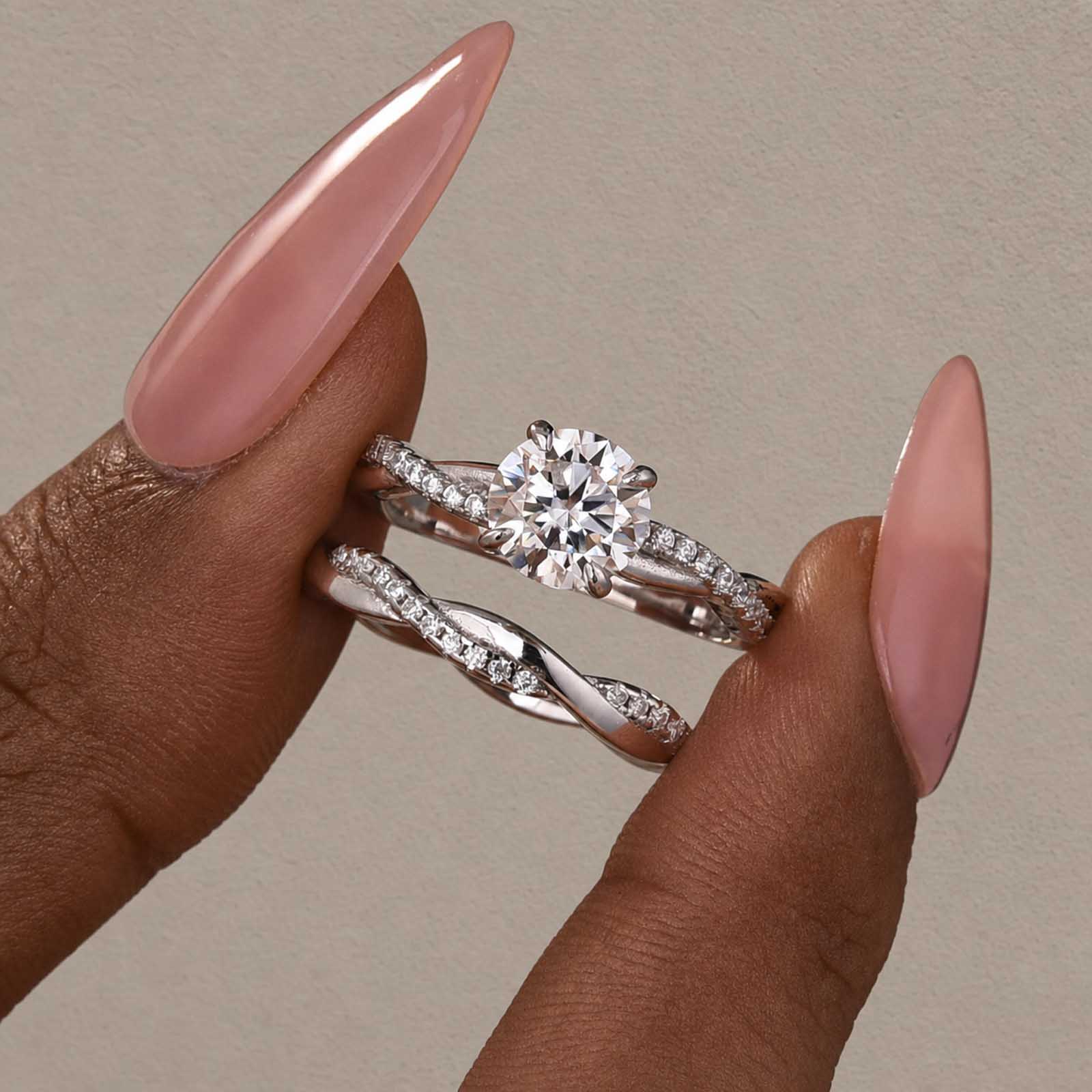 S925 Moissanite 1Ct Round Cut Twist Bridal Ring Set Gold Plated Promise Travel Wedding Ring Set