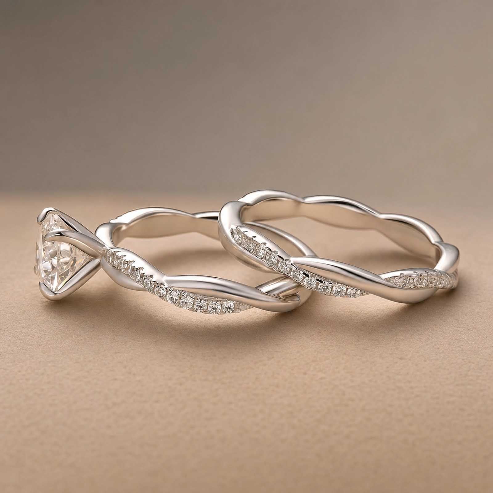 S925 Moissanite 1Ct Round Cut Twist Bridal Ring Set Gold Plated Promise Travel Wedding Ring Set