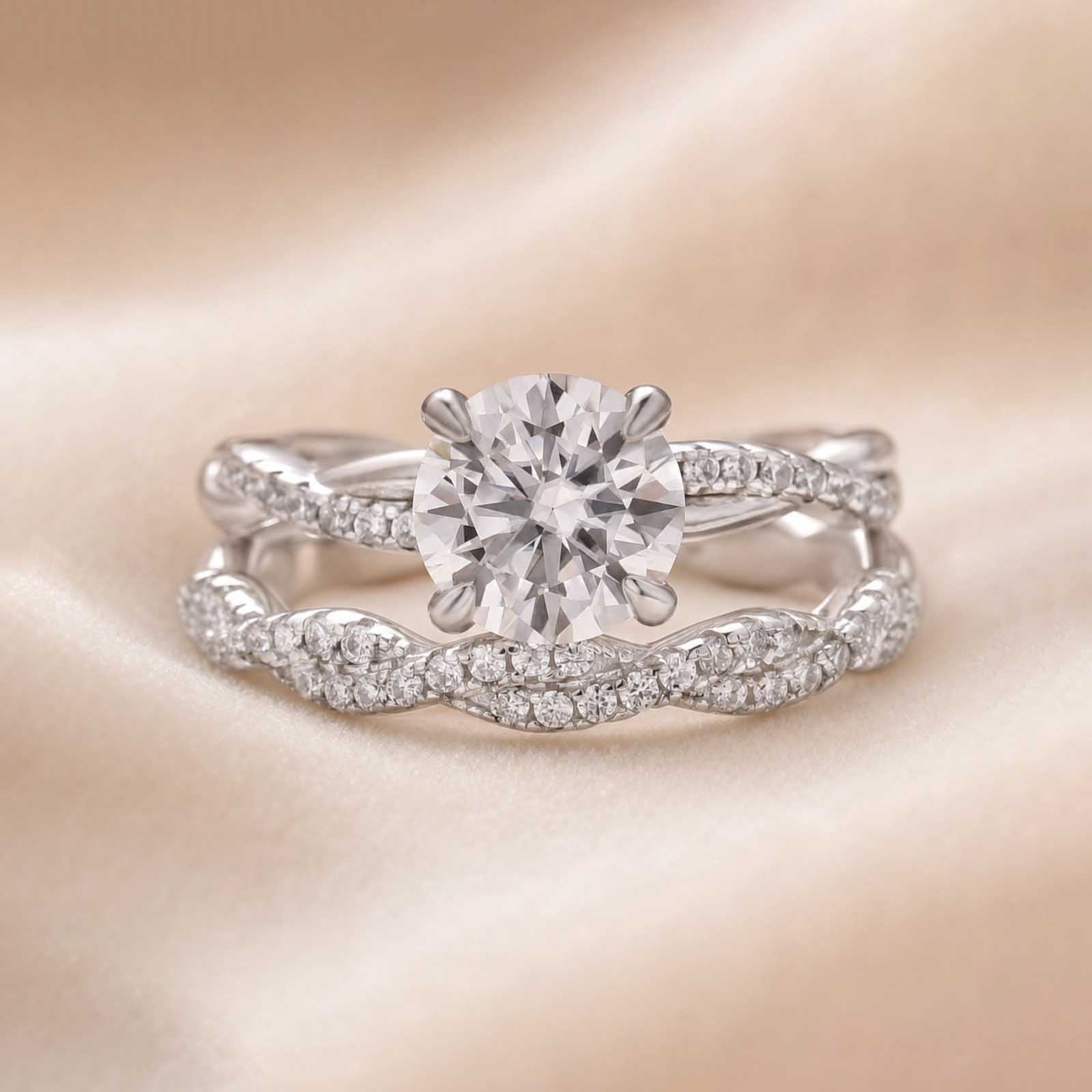 S925 Moissanite Twist 1.2Ct Round Cut 18K White Gold Pave Engagement Ring with Twist Wedding Band