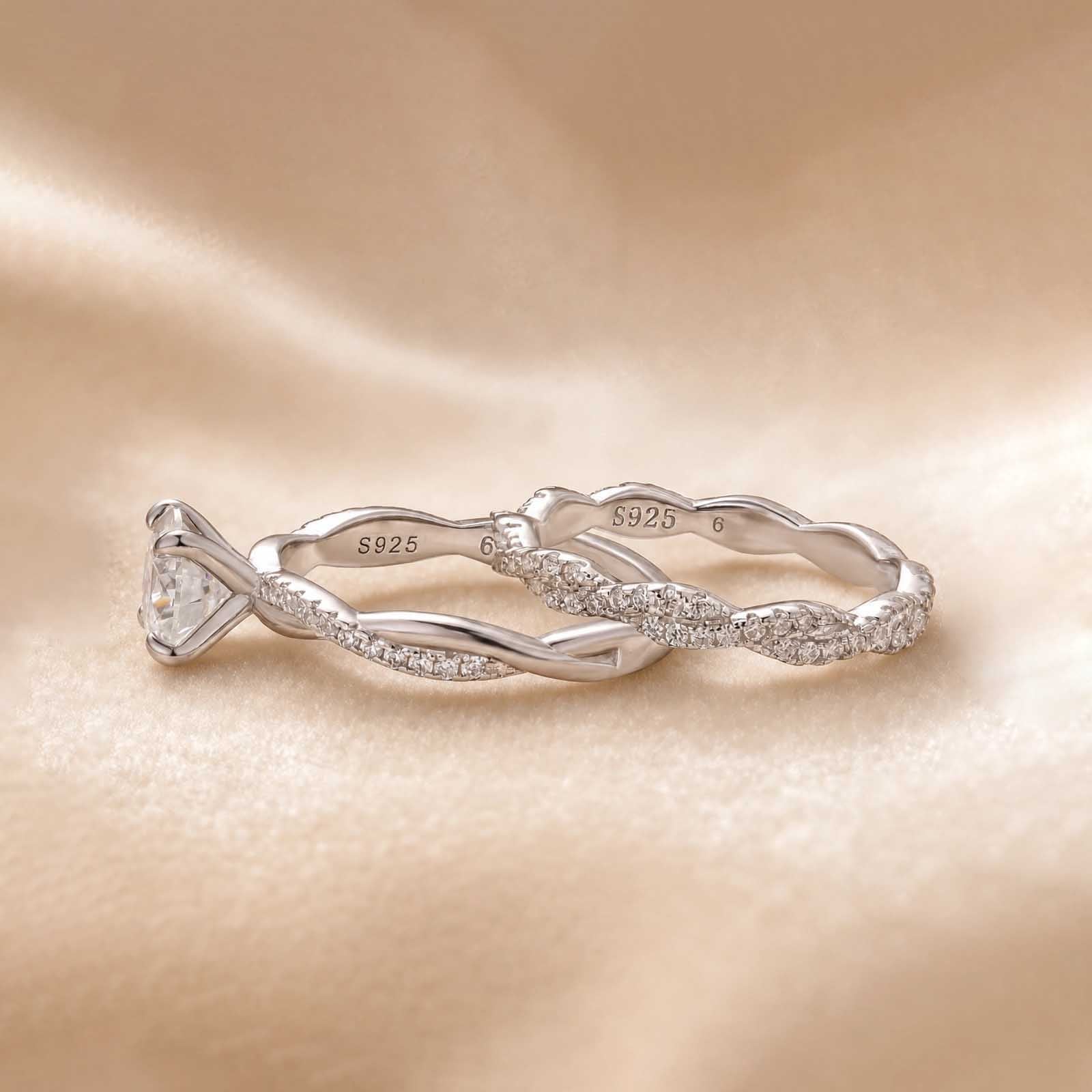 S925 Moissanite Twist 1.2Ct Round Cut 18K White Gold Pave Engagement Ring with Twist Wedding Band