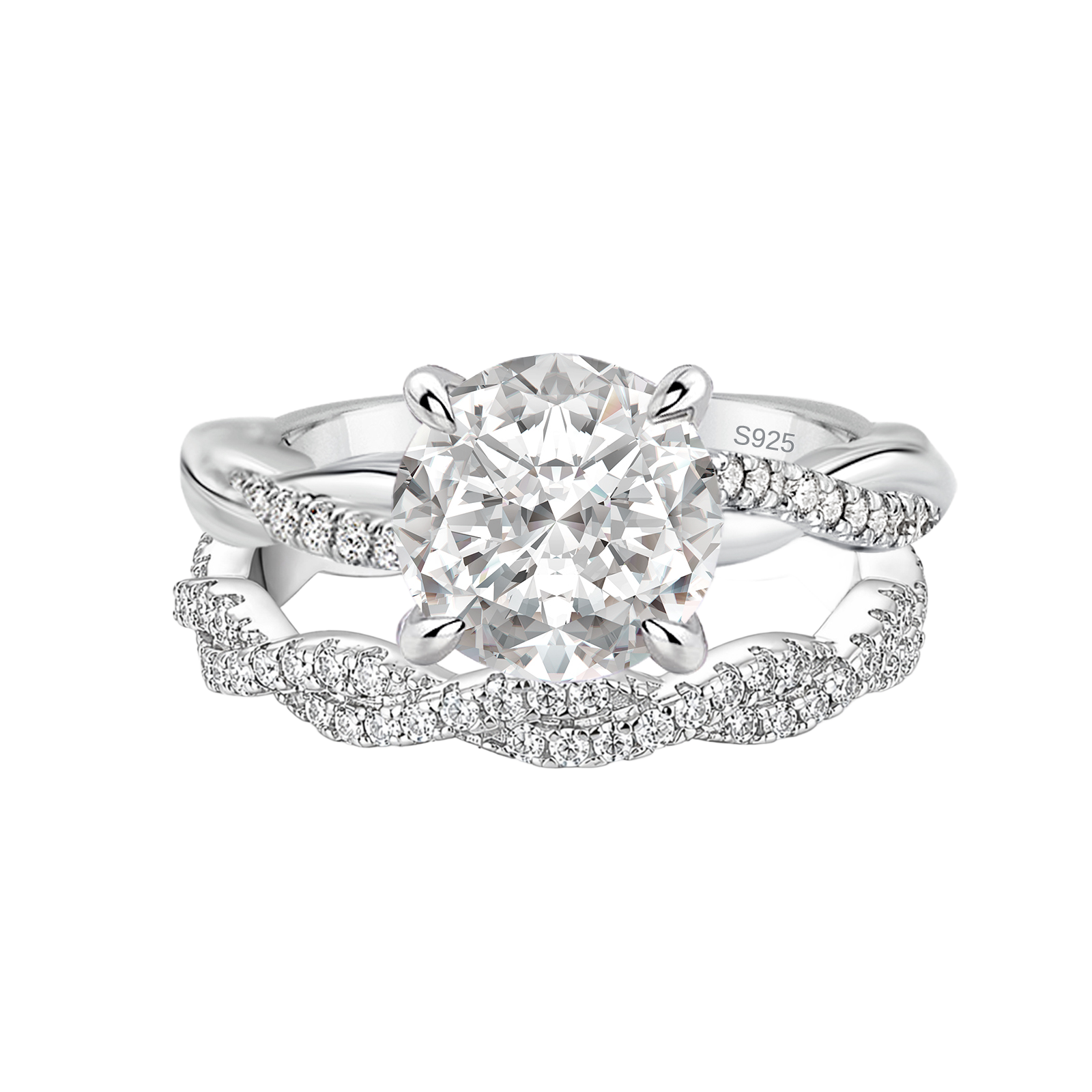 S925 Moissanite 2.0Ct Round Cut Twist Ring Set 18K White Gold Plated Everyday Wear Ring