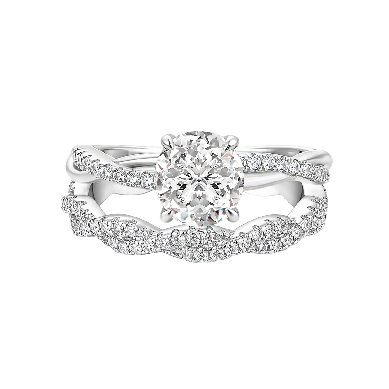 S925 Moissanite 1Ct Round Twist Promise Ring With 0.35Ct Wedding Band Stackable Bridal Rings