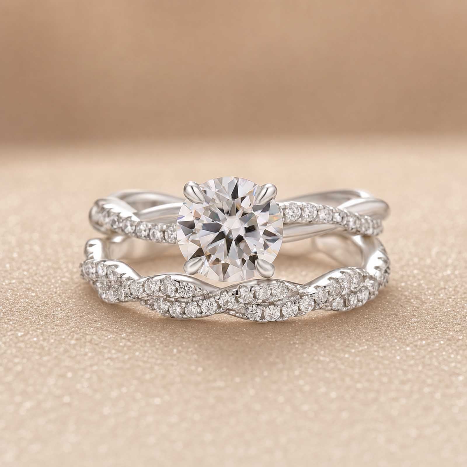 S925 Moissanite 1Ct Round Twist Promise Ring With 0.35Ct Wedding Band Stackable Bridal Rings