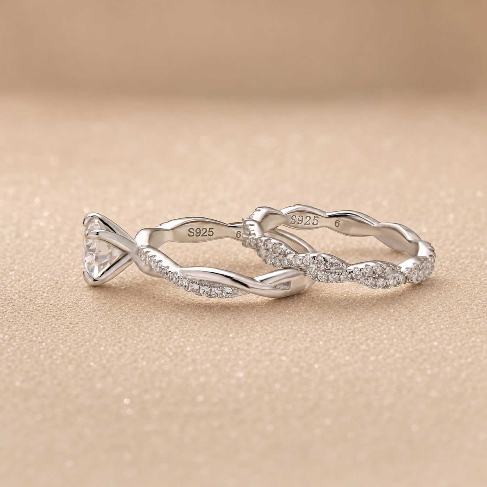S925 Moissanite 1Ct Round Twist Promise Ring With 0.35Ct Wedding Band Stackable Bridal Rings