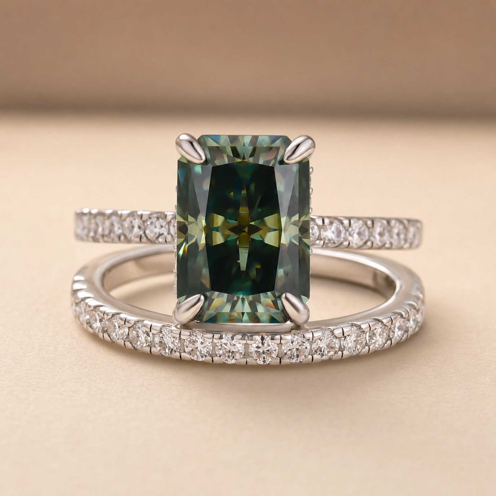 S925 Moissanite 3.5 Ct Radiant Cut Ring Set Green Stone Stackable Rings In Sterling Silver