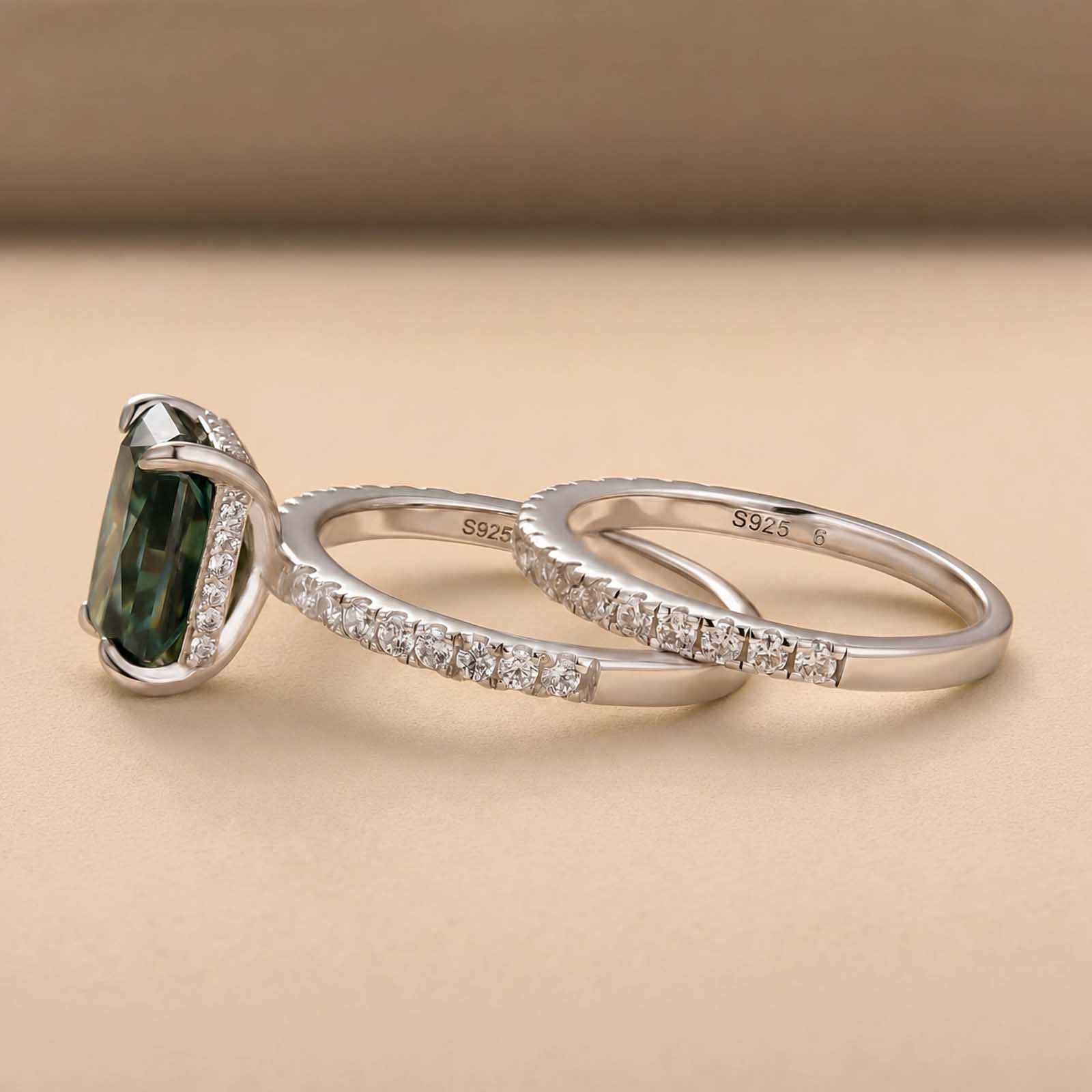 S925 Moissanite 3.5 Ct Radiant Cut Ring Set Green Stone Stackable Rings In Sterling Silver