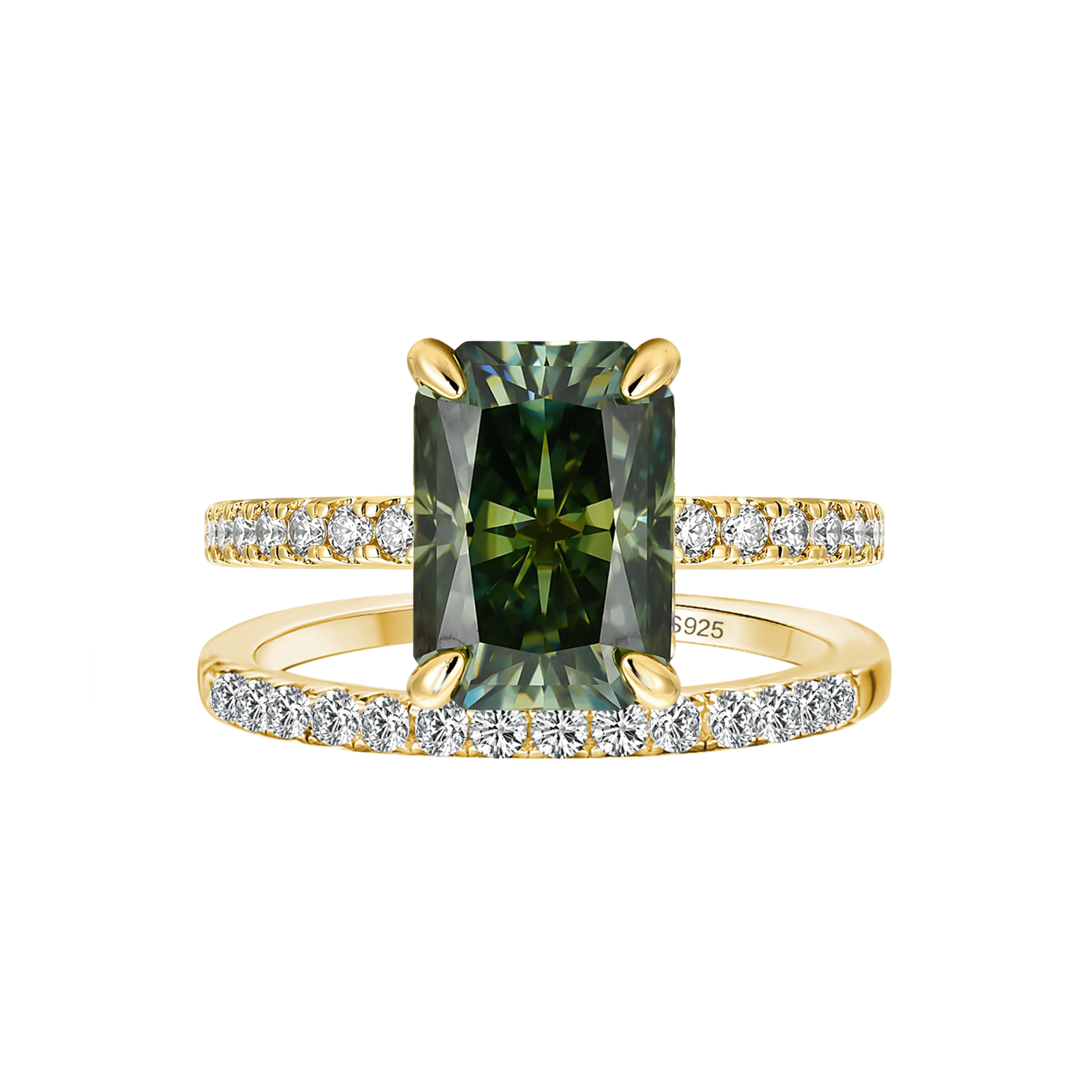 S925 Moissanite 3.5 Ct Radiant Cut Ring Set Green Stone Stackable Rings In Sterling Silver