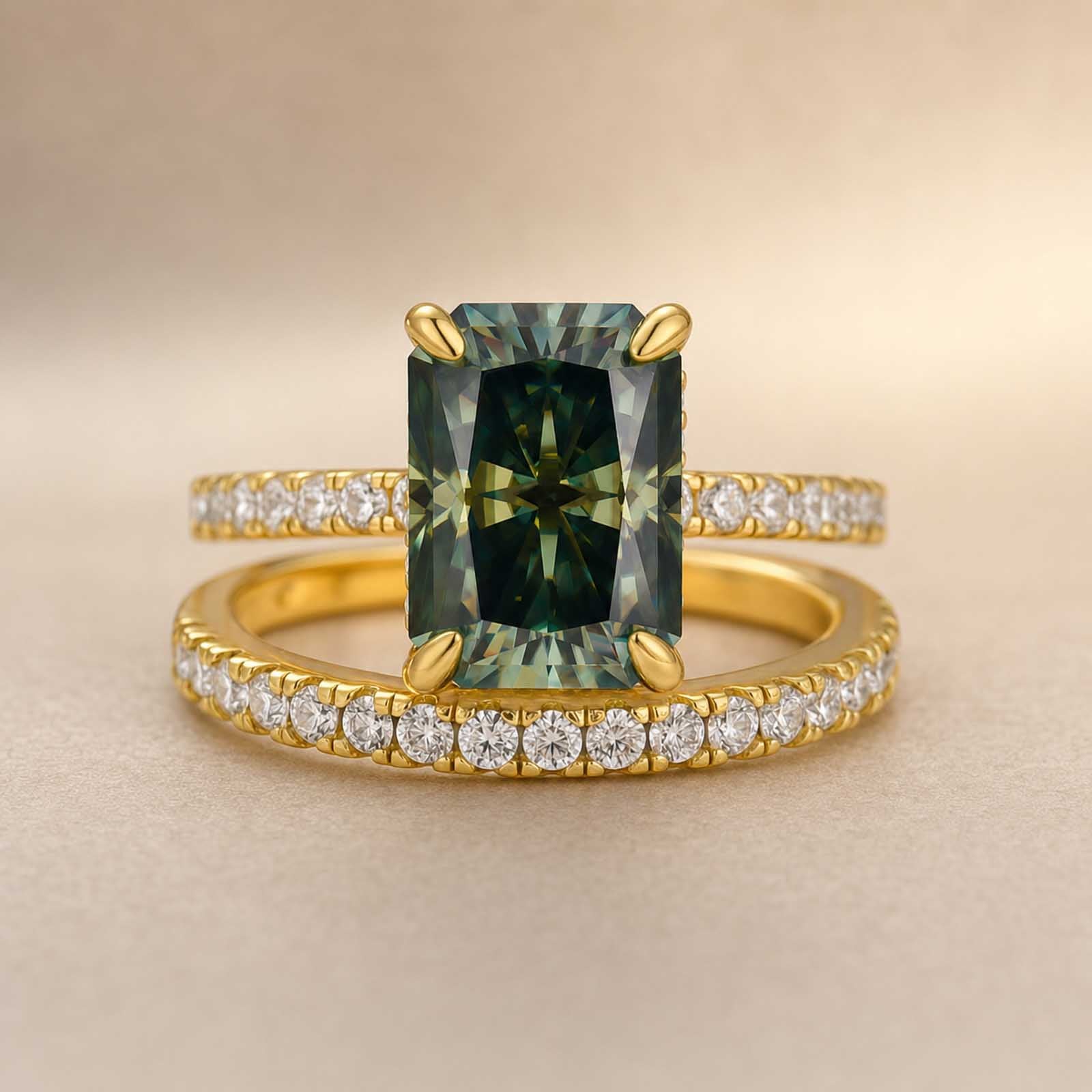 S925 Moissanite 3.5 Ct Radiant Cut Ring Set Green Stone Stackable Rings In Sterling Silver