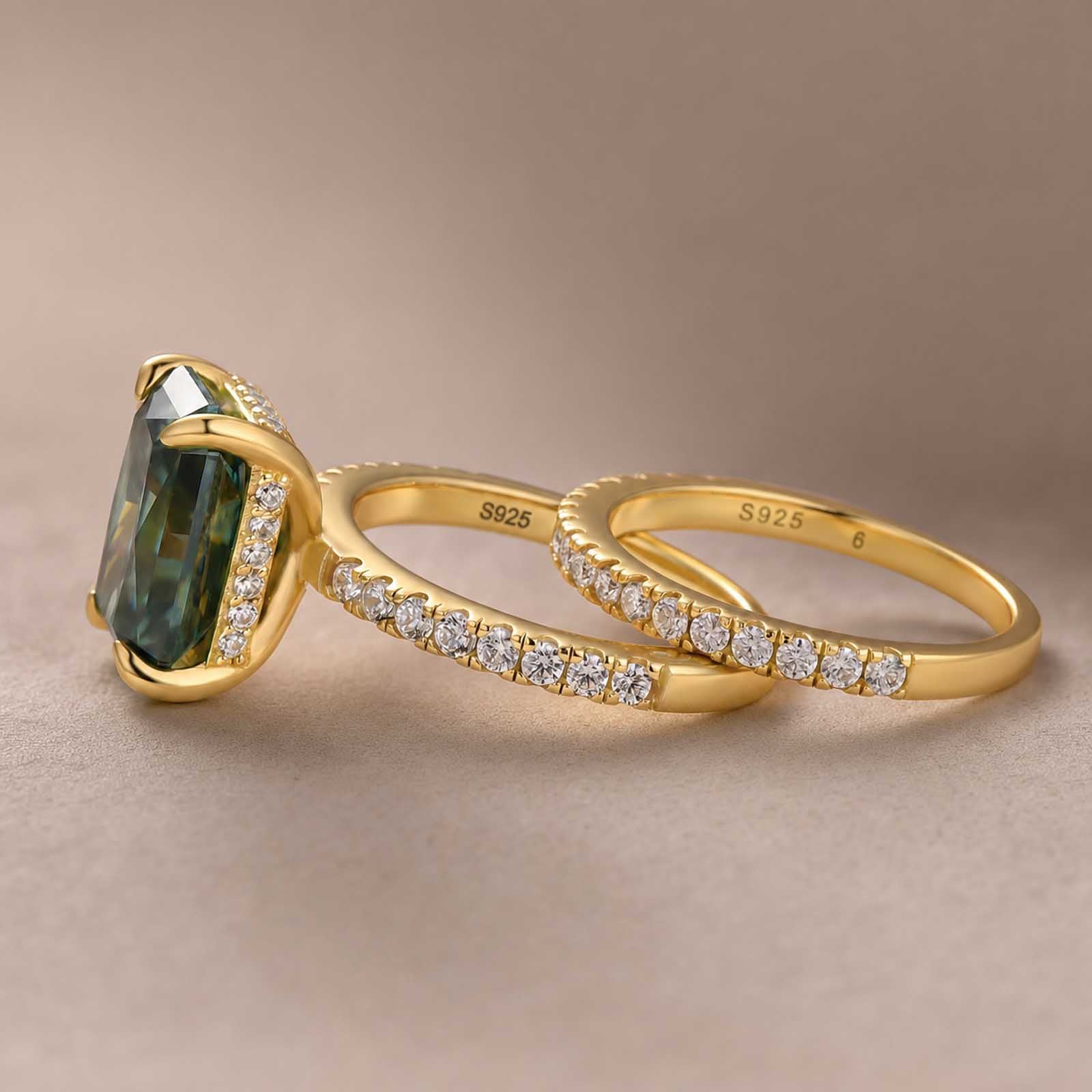 S925 Moissanite 3.5 Ct Radiant Cut Ring Set Green Stone Stackable Rings In Sterling Silver