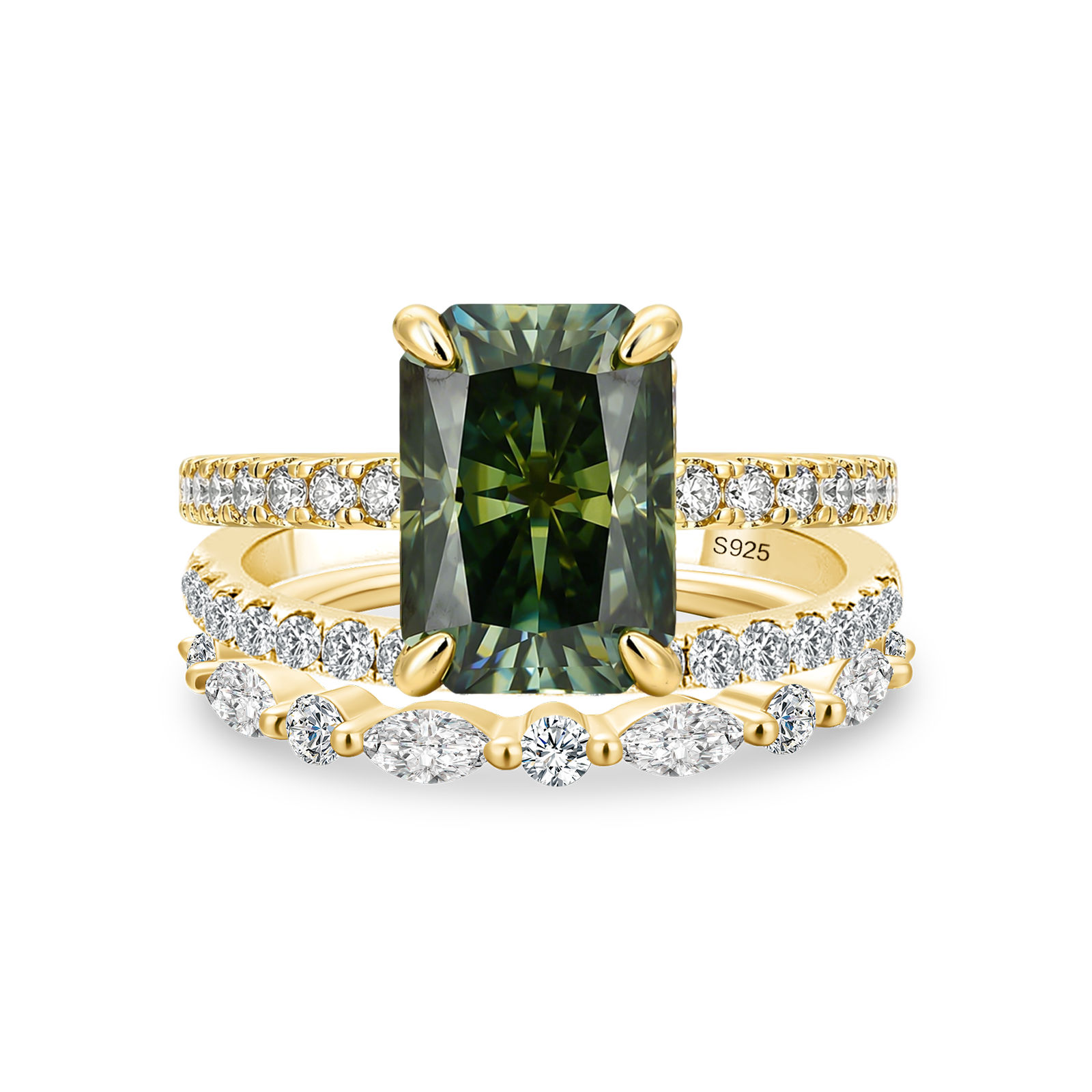 S925 Moissanite 3.5Ct Radiant Cut Green Engagement Ring with Round & Marquise Accents Bands Stackable Ring Set