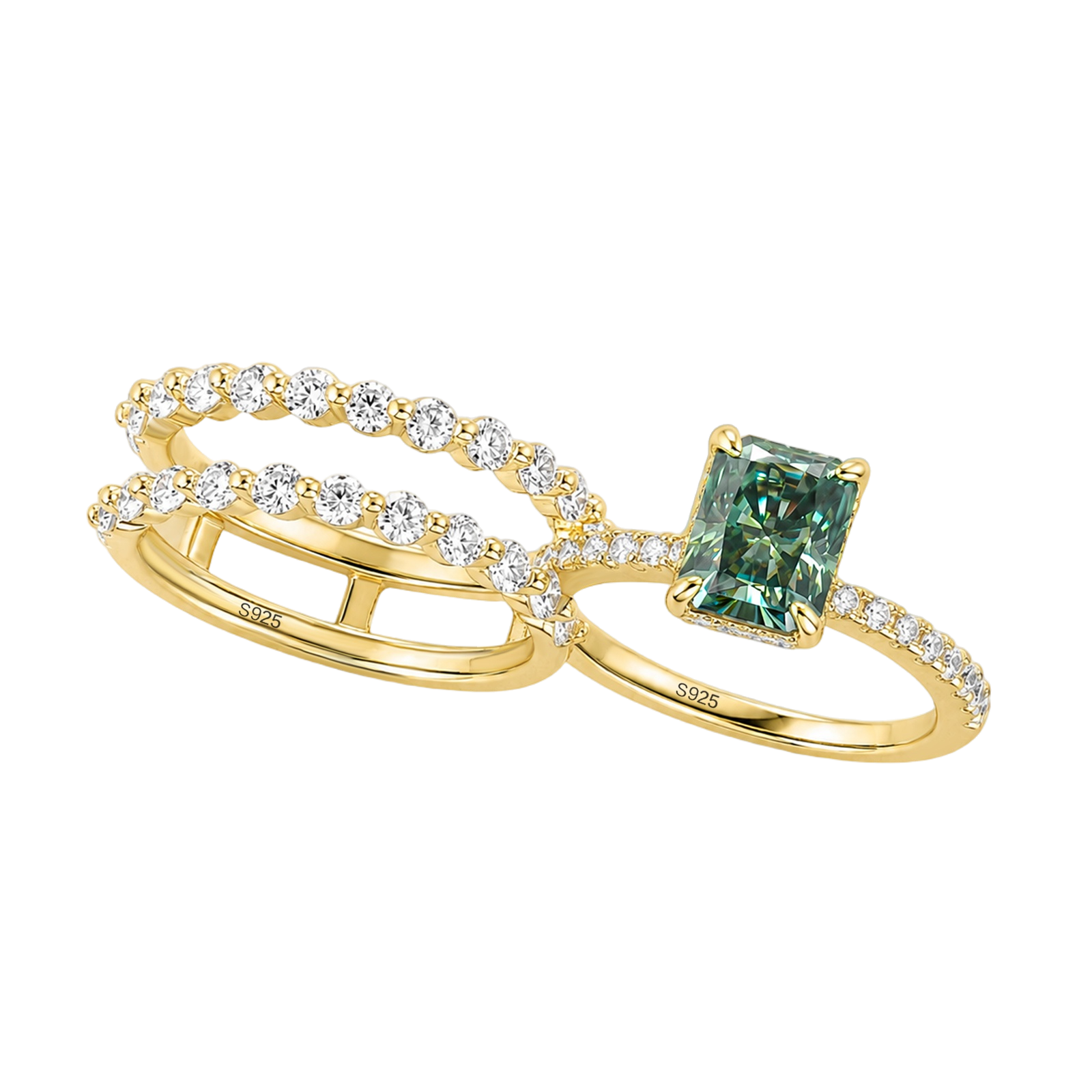 S925 Moissanite 2.0Ct~3.0Ct Radiant /Round Cut Green Hidden Halo Enhancer Ring Sets For Her