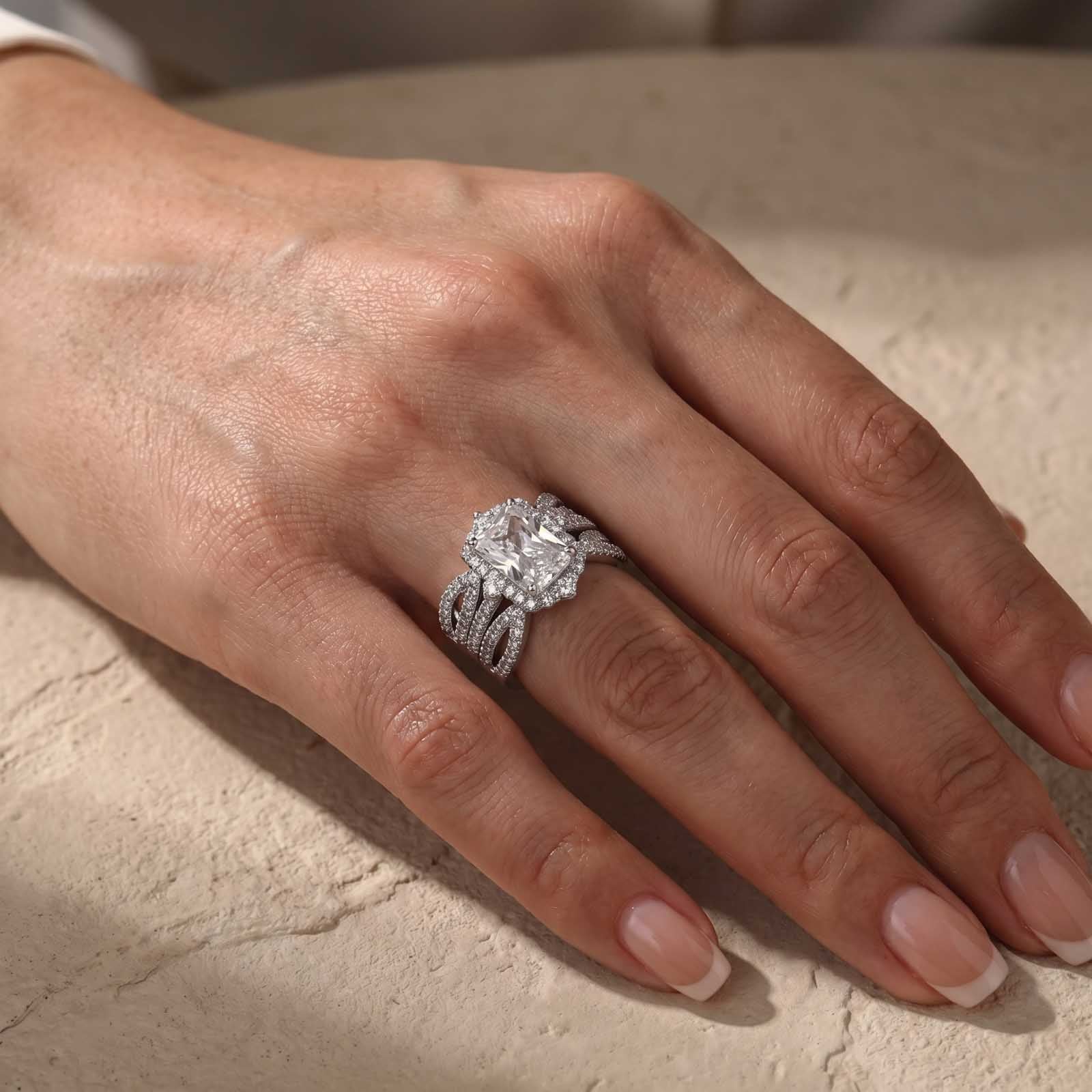 S925 Moissanite 3.0Ct Halo Radiant Cut Stack Wedding Ring with Enhancer Wedding Band