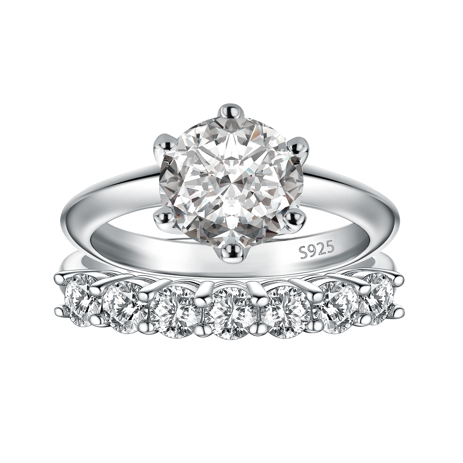 Moissanite 2.0 Ct ~3.0 Ct Round Cut 6 Prong White Gold Engagement Ring with Round Cut White Gold Women's Wedding Band