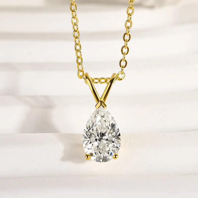 Gelovely Moissanite 1.5 Ct Pear Cut Yellow Gold Pendant Necklace