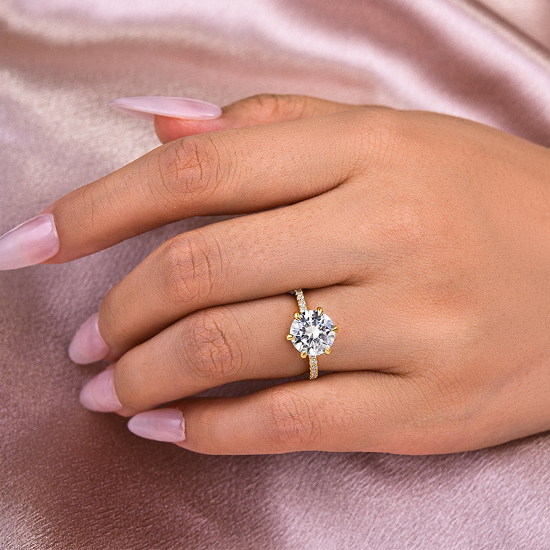 Gelovely Moissanite 3.0 Ct ~4.0 Ct Round Cut 6 Prong Yellow Gold Promise Ring