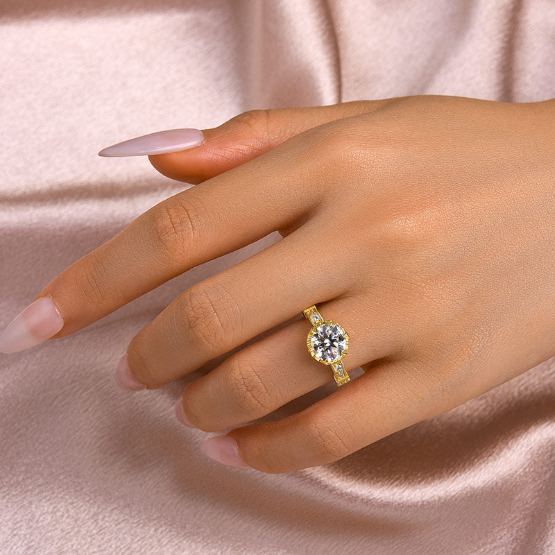 S925 Moissanite 2.0Ct Round Cut Yellow Gold Promise Bridal Ring