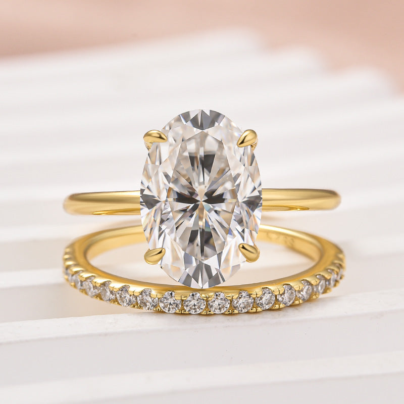 Gelovely Moissanite 4.0 Ct Hidden Halo Solitaire Oval Cut Yellow Gold Wedding Ring