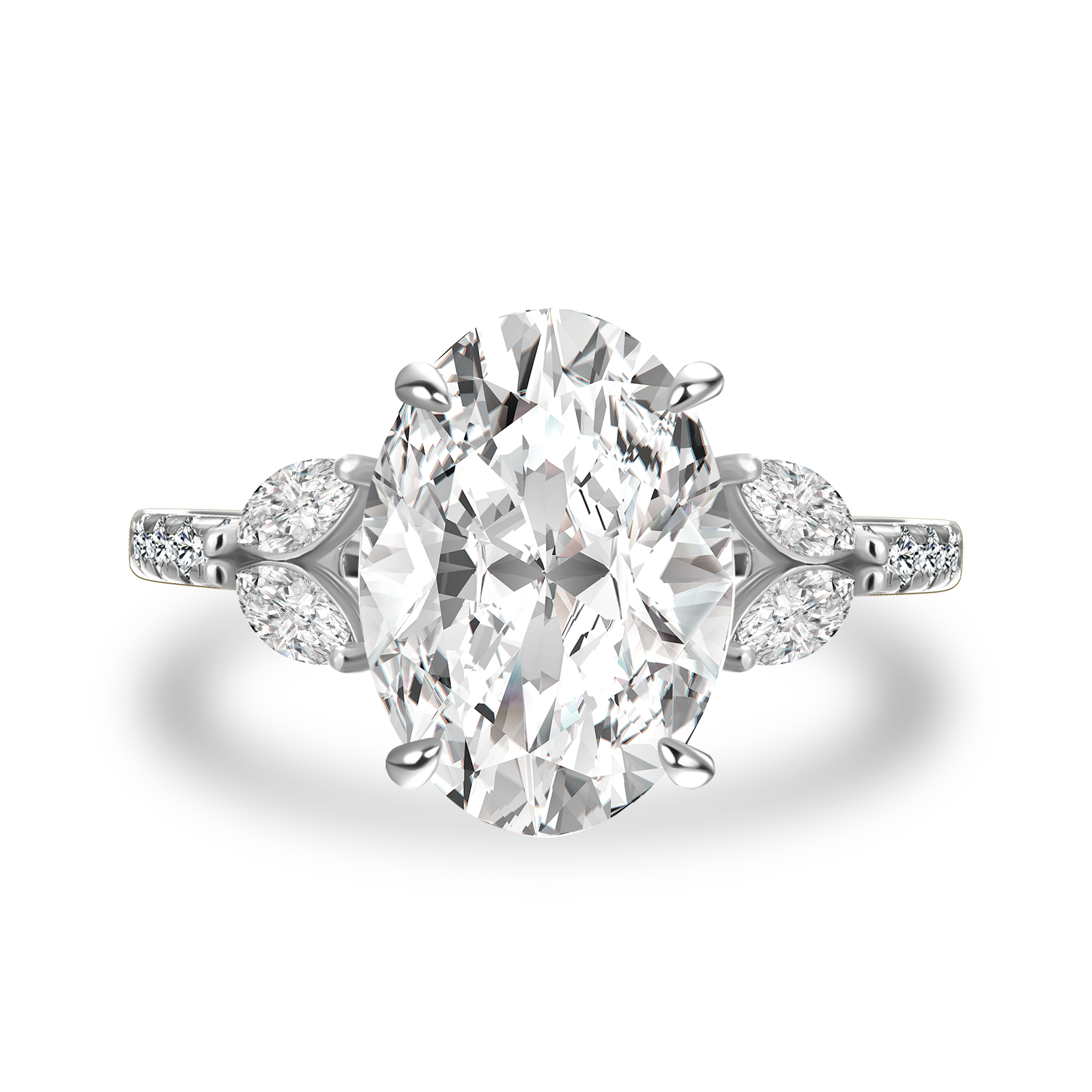 Gelovely Moissanite 4.0 Ct Oval and Angled Marquise Five Stone White Gold Engagement Ring
