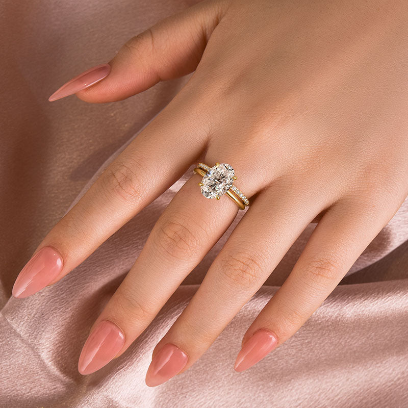 Gelovely Moissanite 4.0 Ct Hidden Halo Solitaire Oval Cut Yellow Gold Wedding Ring