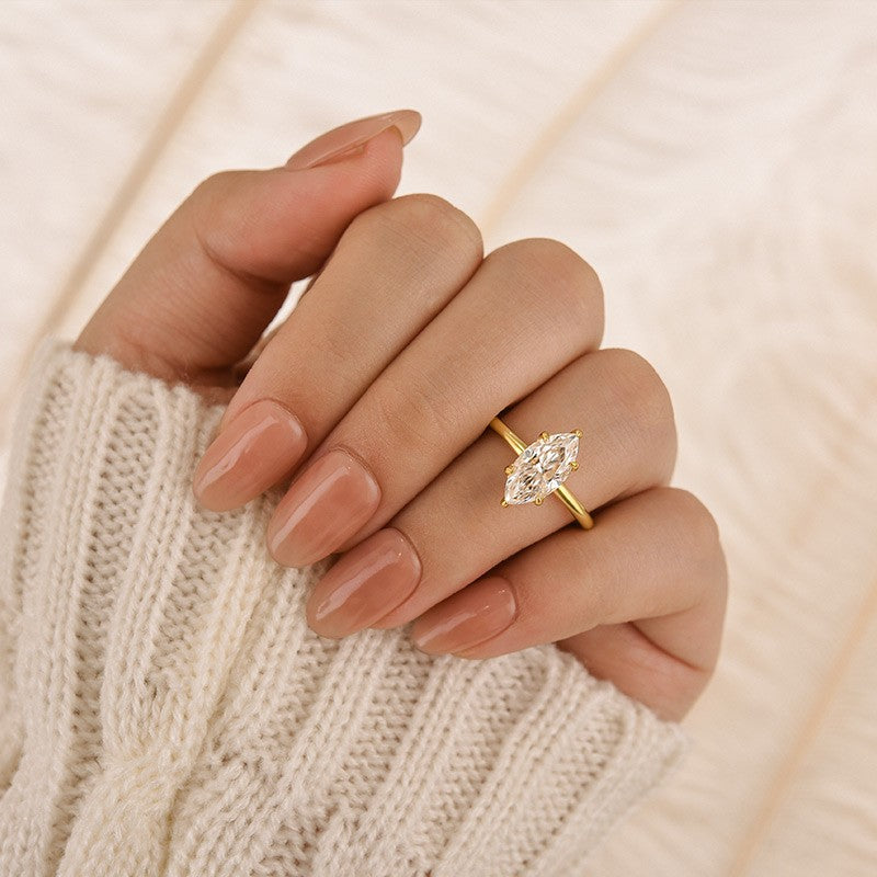 S925 Moissanite 2.0 Ct Marquise Cut Solitaire Yellow Gold Promise Ring For Women Everyday Wear