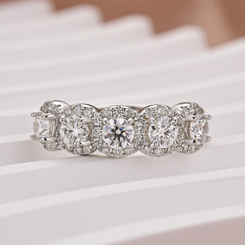 1.3Ct Round Cut Moissanite Five Stone Wedding Band Halo Design in Sterling Silver