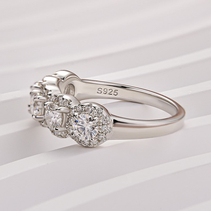 1.3Ct Round Cut Moissanite Five Stone Wedding Band Halo Design in Sterling Silver