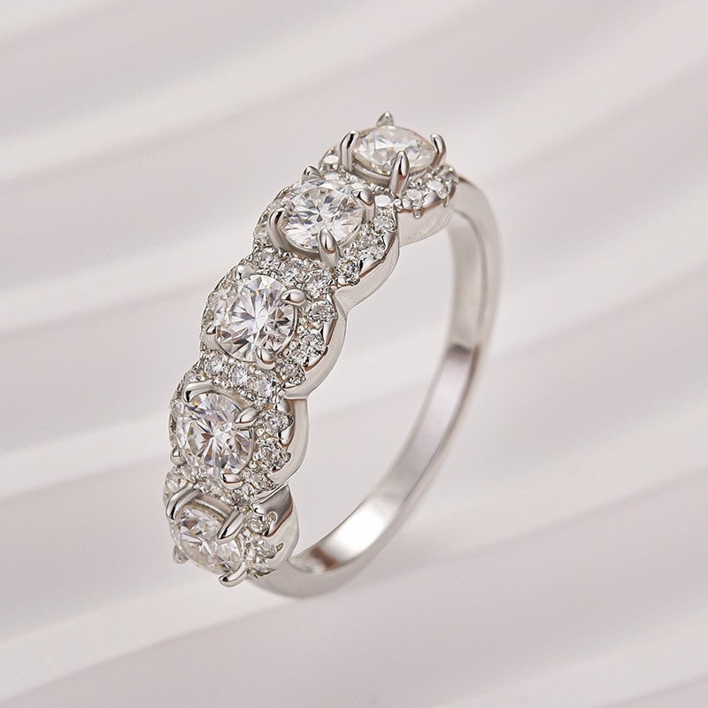 1.3Ct Round Cut Moissanite Five Stone Wedding Band Halo Design in Sterling Silver