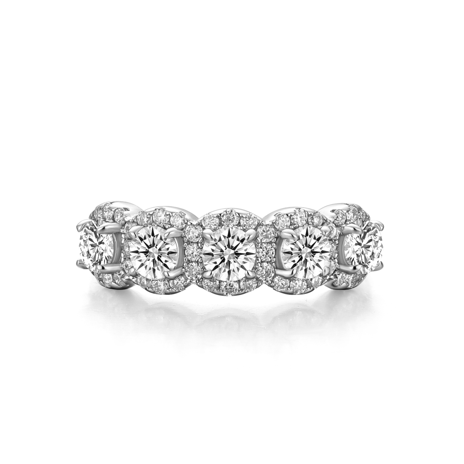 1.3Ct Round Cut Moissanite Five Stone Wedding Band Halo Design in Sterling Silver