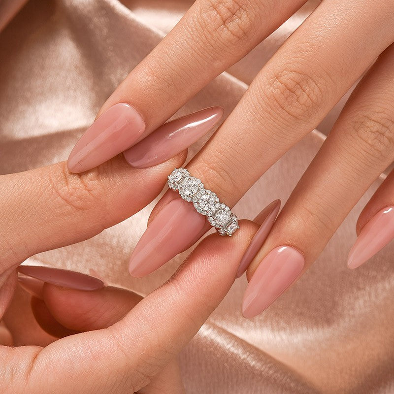 1.3Ct Round Cut Moissanite Five Stone Wedding Band Halo Design in Sterling Silver
