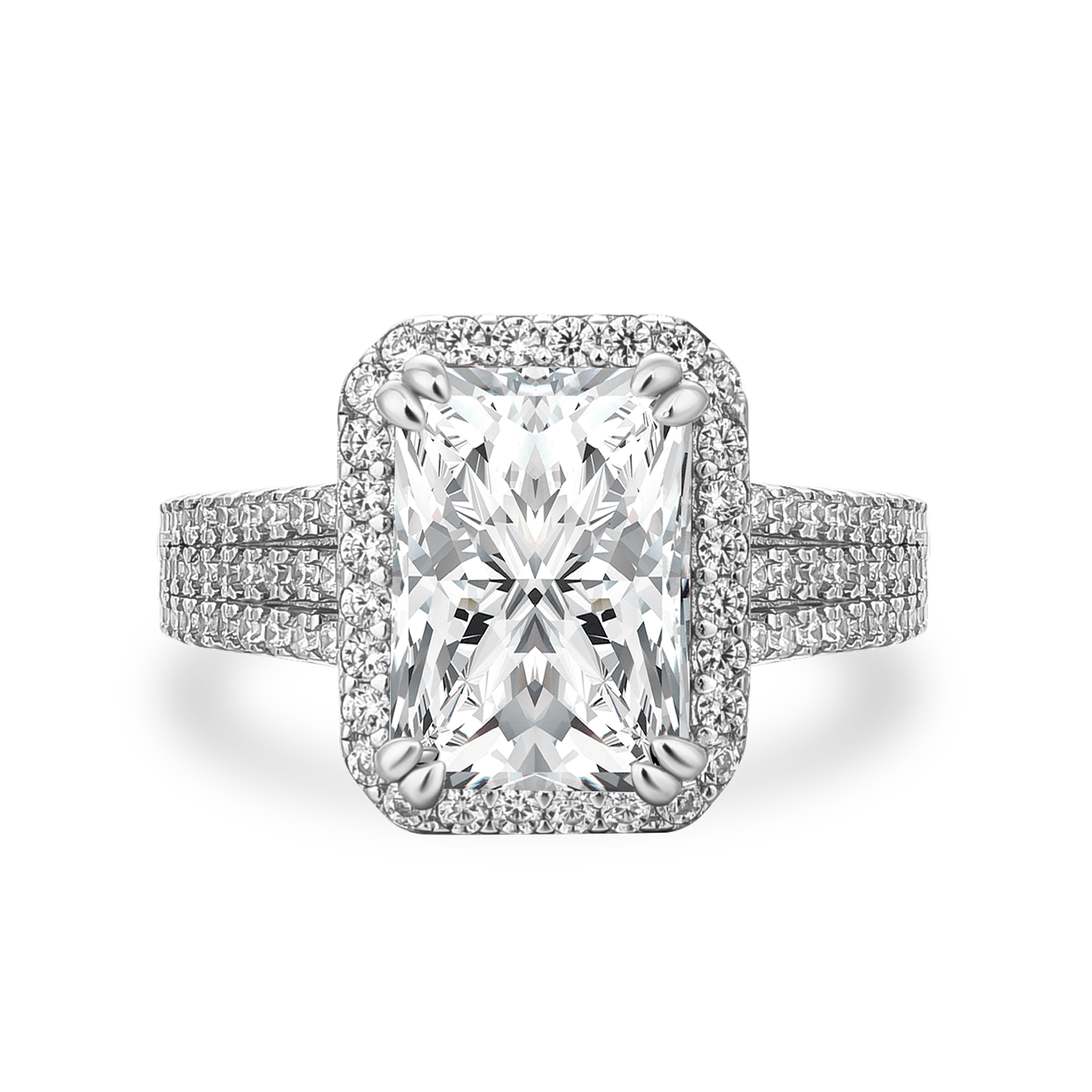 Moissanite Halo Three Shank 3.5Ct Radiant Cut White Gold Engagement Ring