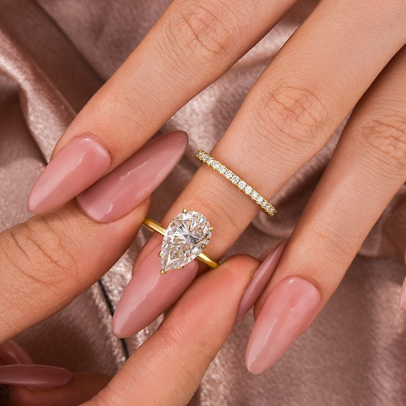 S925 Moissanite Solitaire 4.0Ct Pear Cut Yellow Gold Women's Wedding Ring Set