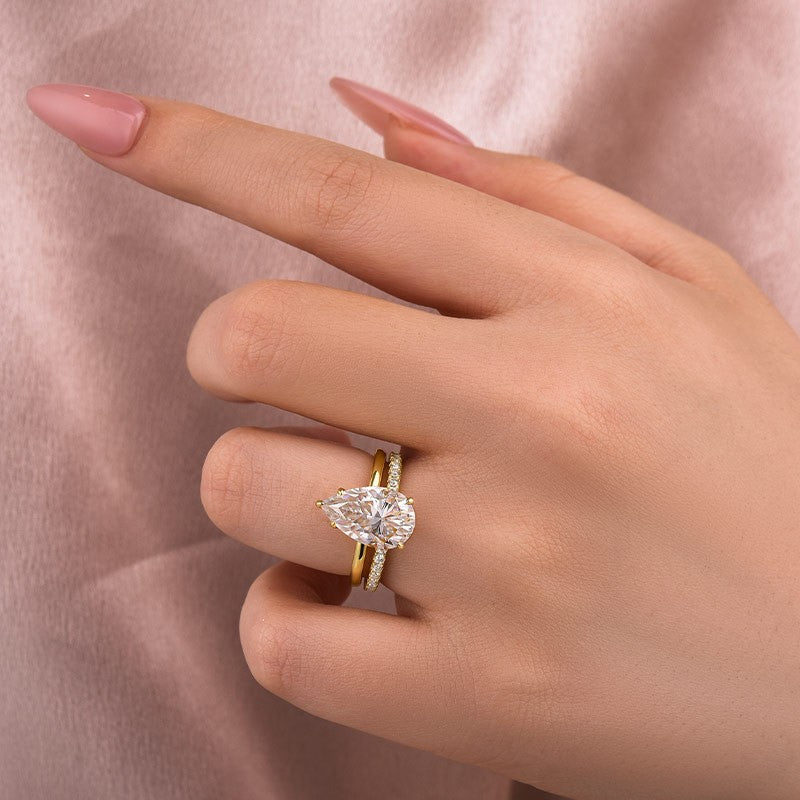 S925 Moissanite Solitaire 4.0Ct Pear Cut Yellow Gold Women's Wedding Ring Set