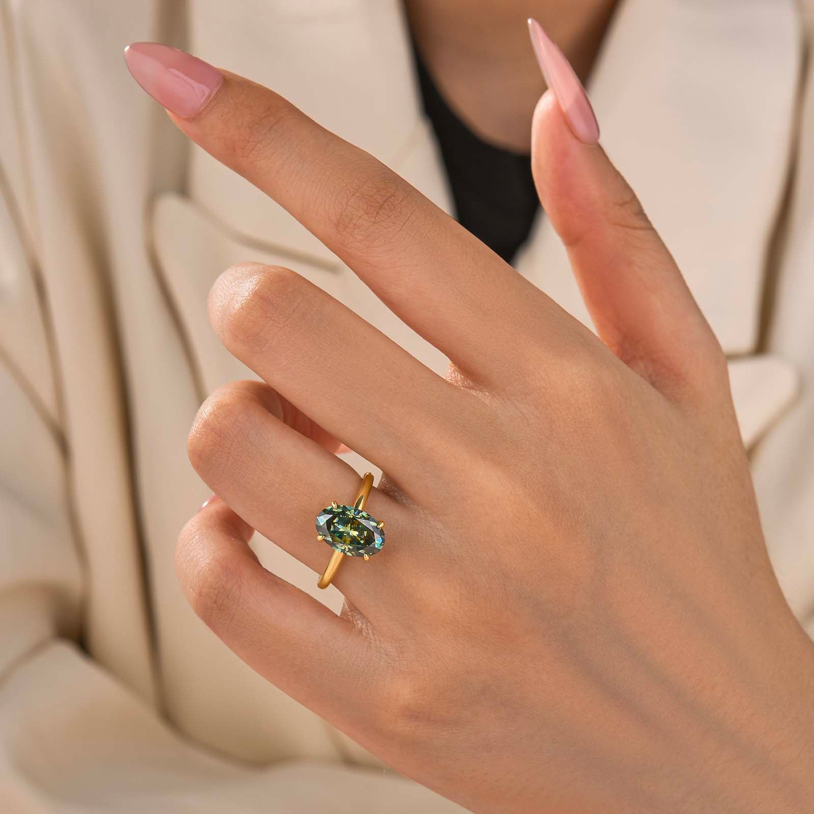 Moissanite 3.0Ct Green Oval Hidden Halo Solitaire Nature-Inspired Ring